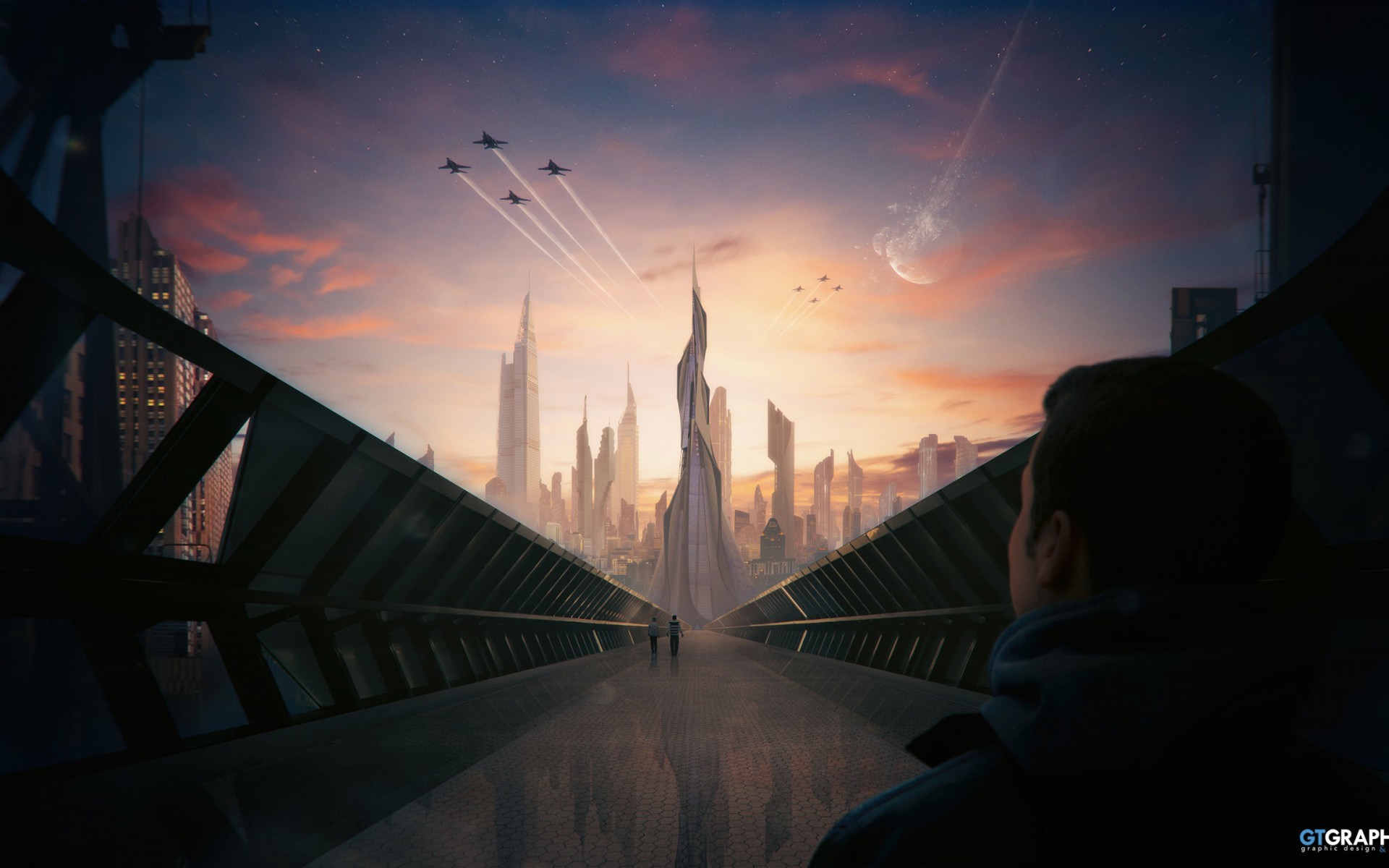 Città futuristica, Ponte, Tramonto, Astronavi, Grattacieli, 1920x1200, sfondo per PC