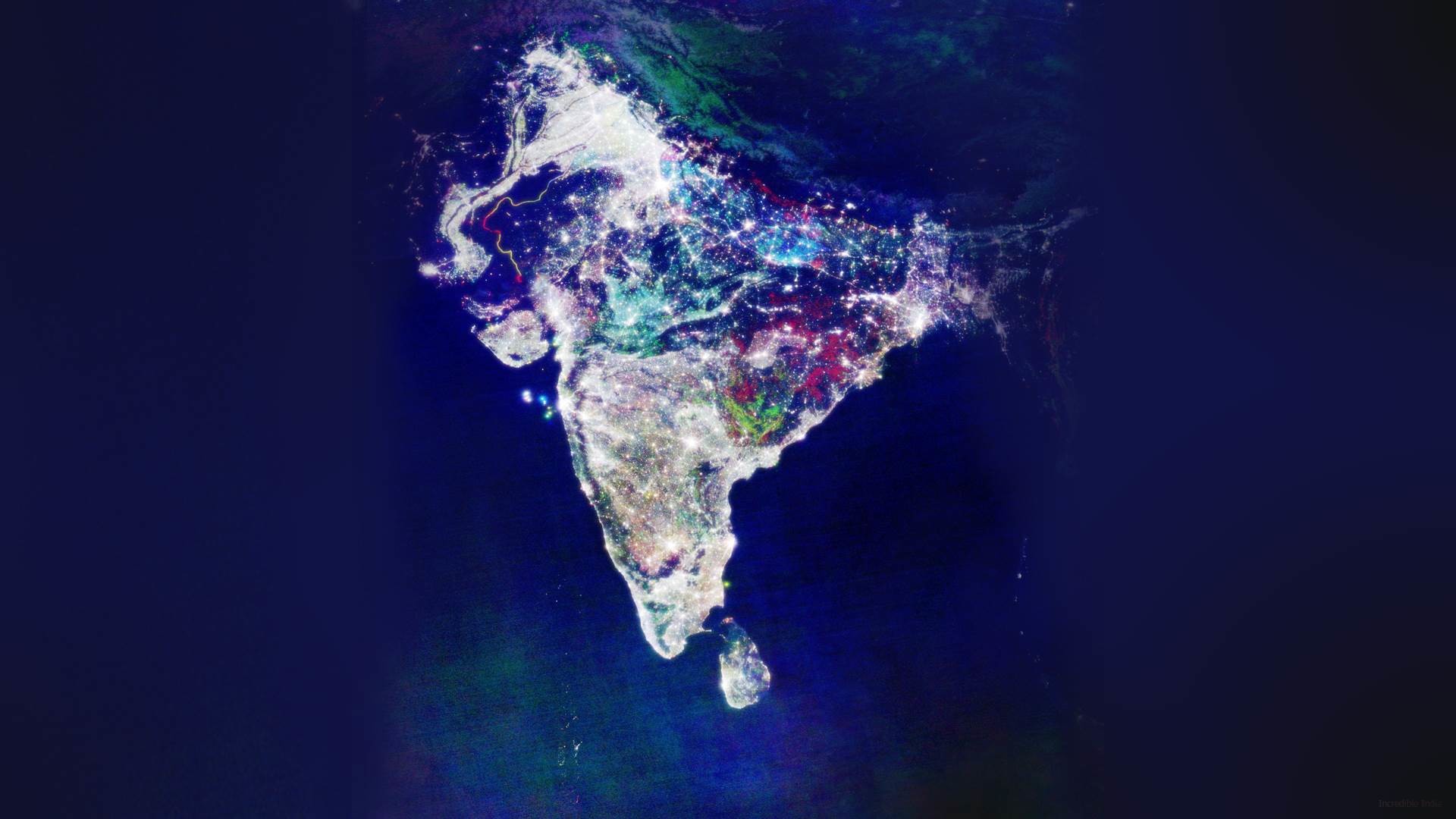 Mappa dell'India, India di notte, Luci, Vista satellitare, Full HD 1080p, sfondo desktop