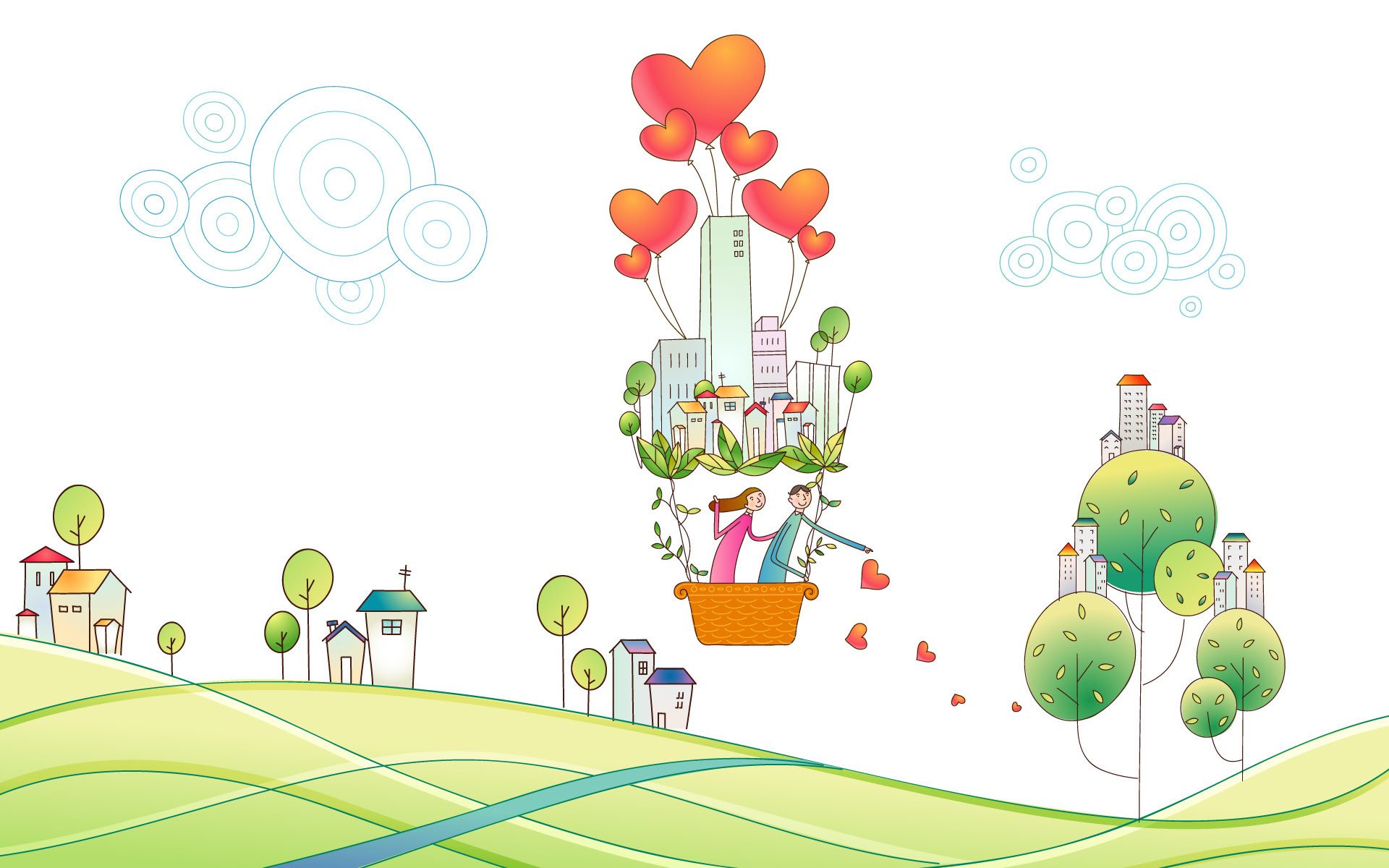 Palloncini a cuore, Casette, Colline, Illustrazione, 1920x1200, sfondo MacBook Pro