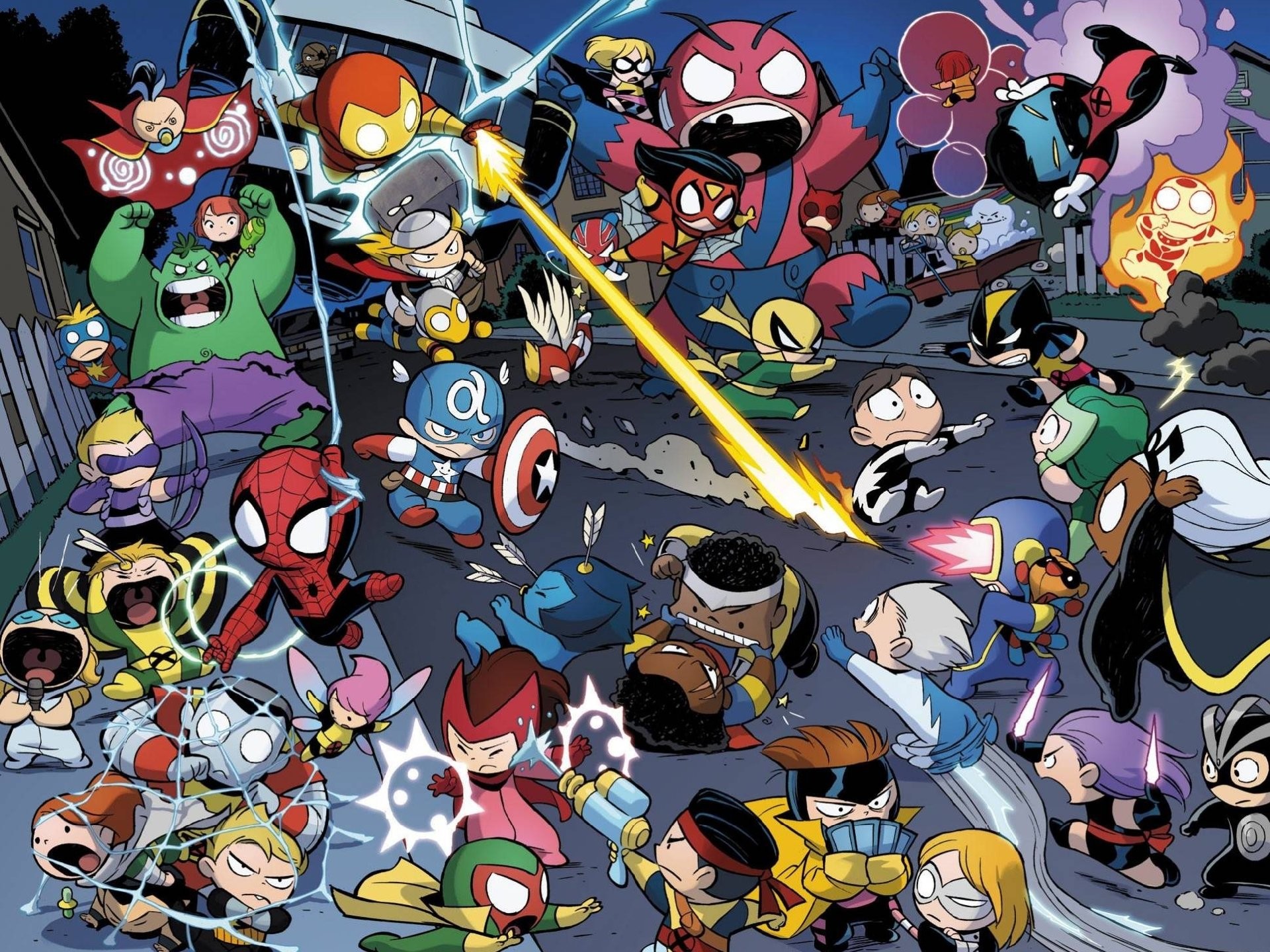 Marvel, Spider-Man, Capitan America, Supereroi chibi, Cartone, Full HD, sfondo per iPad e tablet
