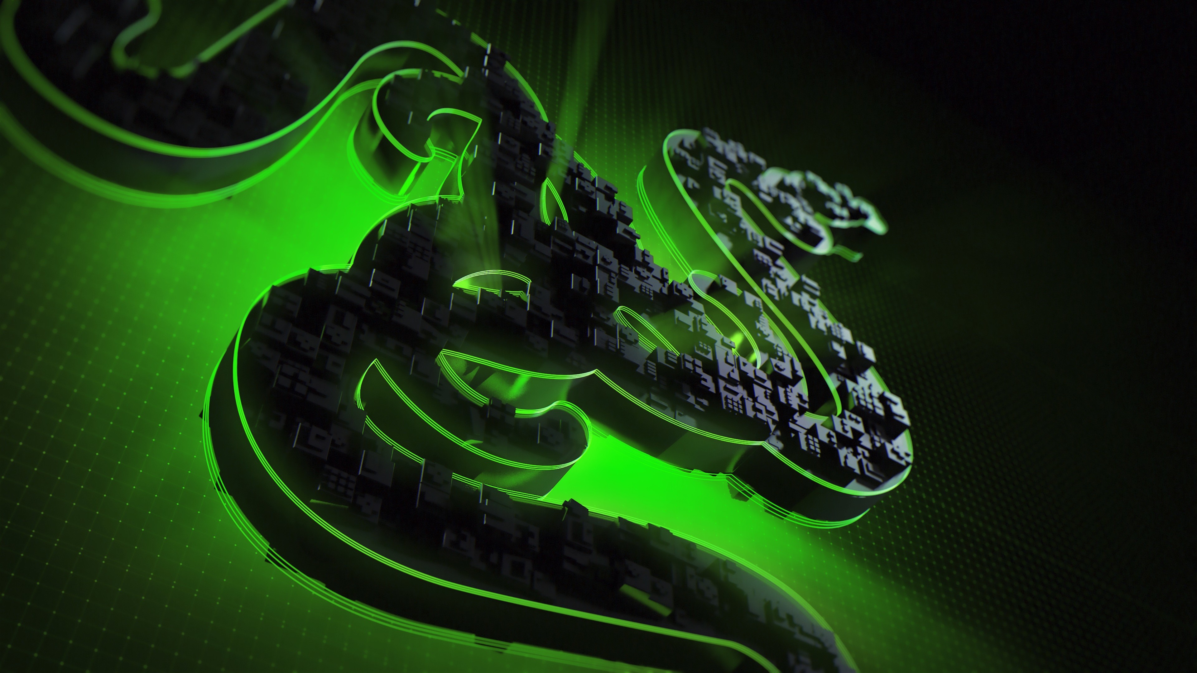 Razer, Logo Razer 3D, Cubi, Luce verde, 4K 2160p, sfondo desktop