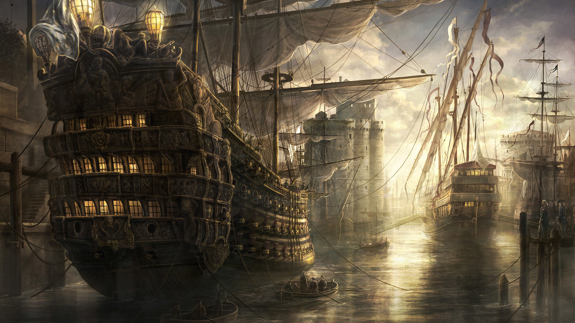 Galeoni, Porto, Navi pirata, Pittura digitale, Full HD, wallpaper desktop