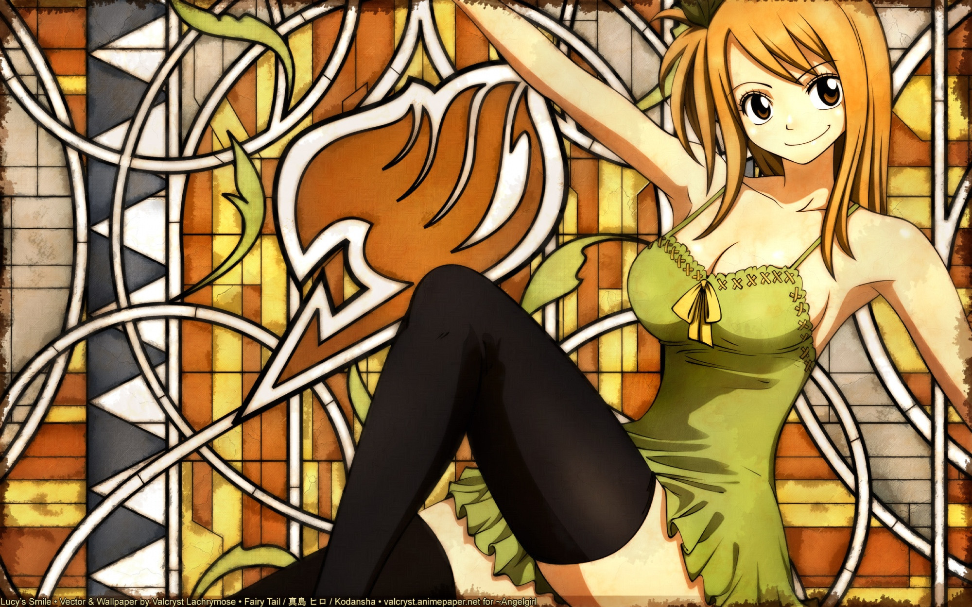Lucy Heartfilia, Fairy Tail, Simbolo di Fairy Tail, Vetrata, Abito verde, sfondo 16:10 Full HD