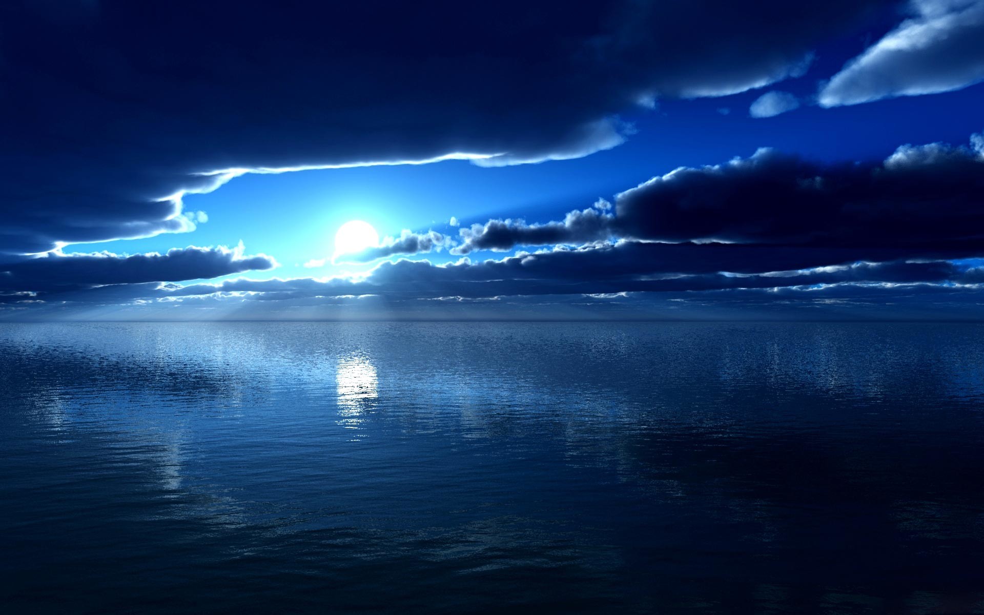 Mare notturno, Luna, Nuvole, Blu, 16:10 Full HD, sfondo widescreen