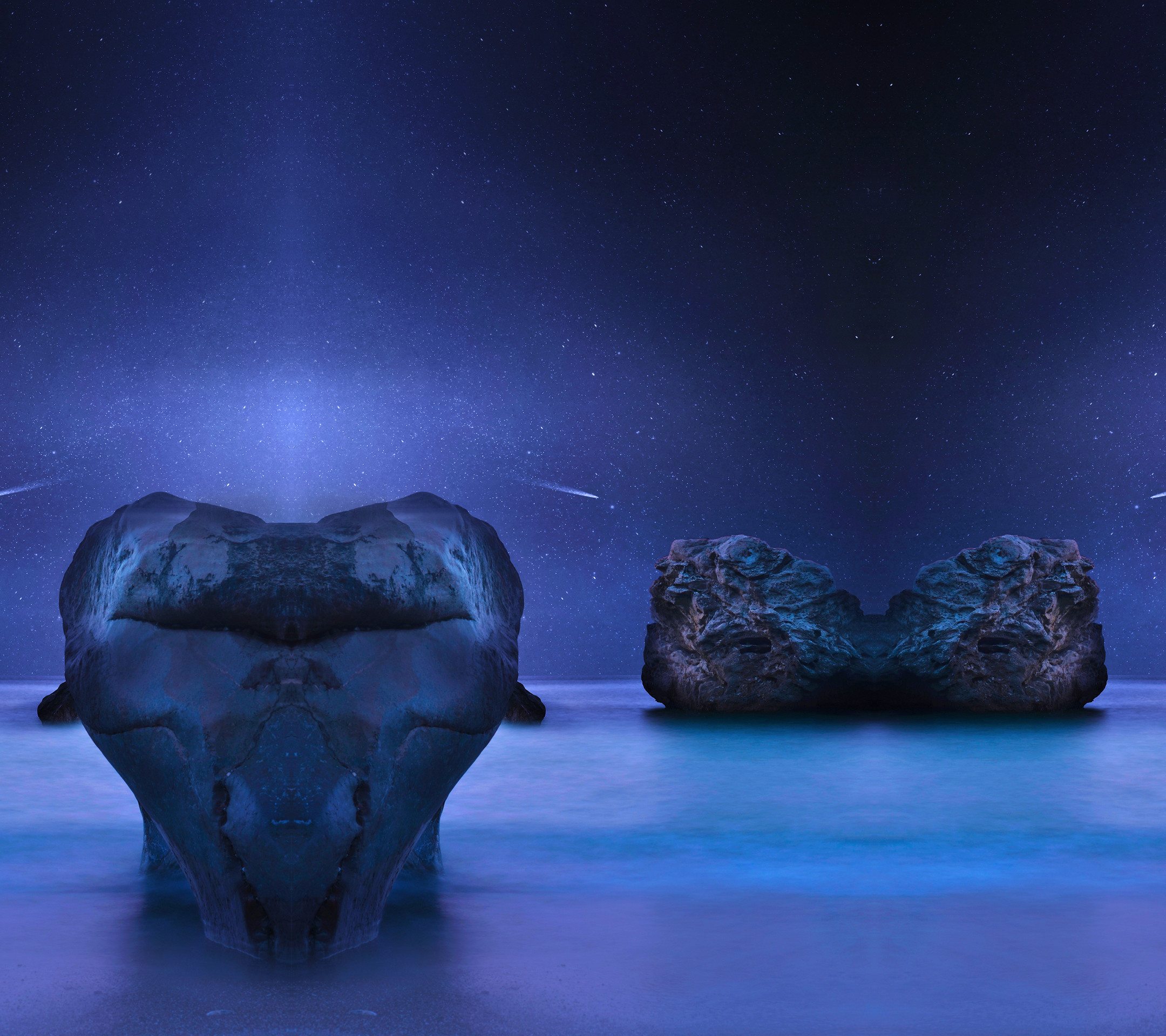Rocce, Mare notturno, Toni blu, Cielo stellato, Full HD, schermata di blocco iPad