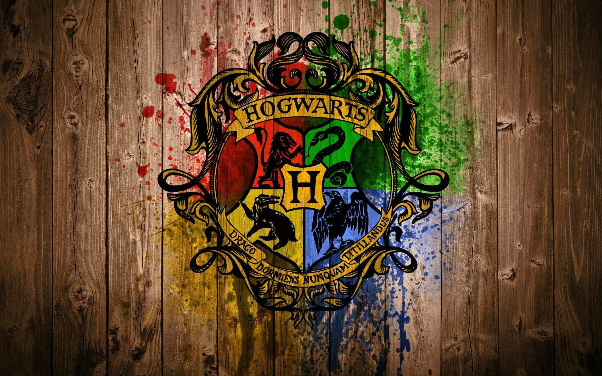 Stemma di Hogwarts, Schizzi di colore, Legno, Harry Potter, Full HD, wallpaper per portatile
