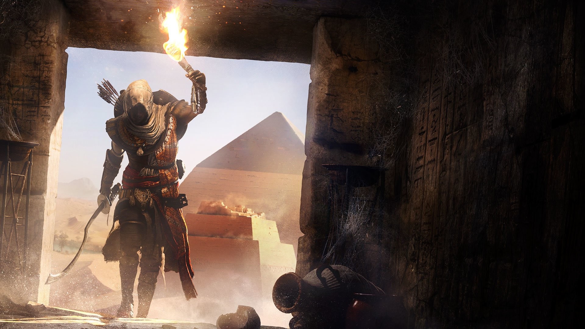 Assassin's Creed Origins, Bayek, Piramide, Torcia, Full HD, sfondo per PC e portatile