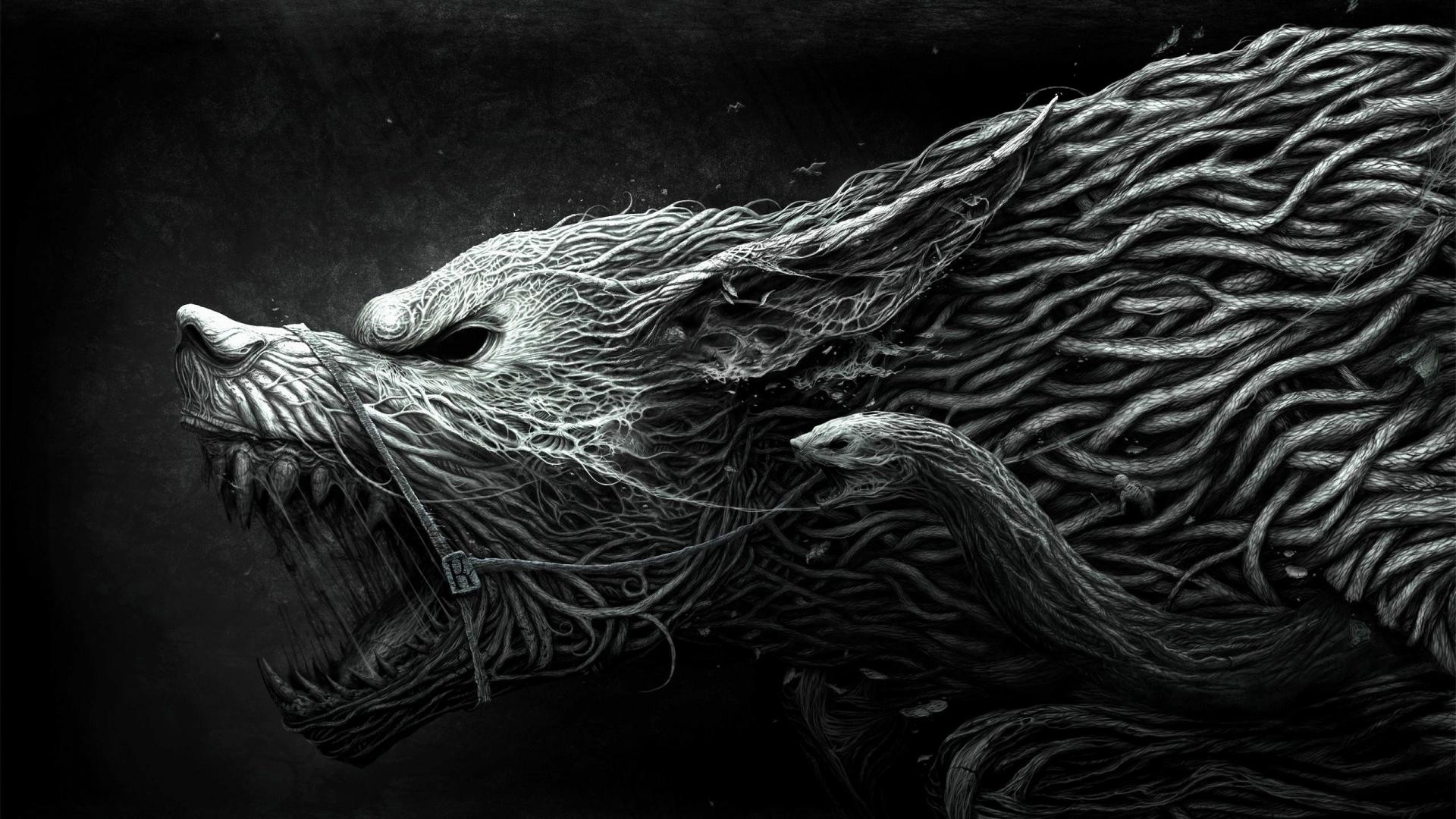 Lupo mannaro, Bianco e nero, Illustrazione, Ringhio, 1920x1080, immagine di sfondo