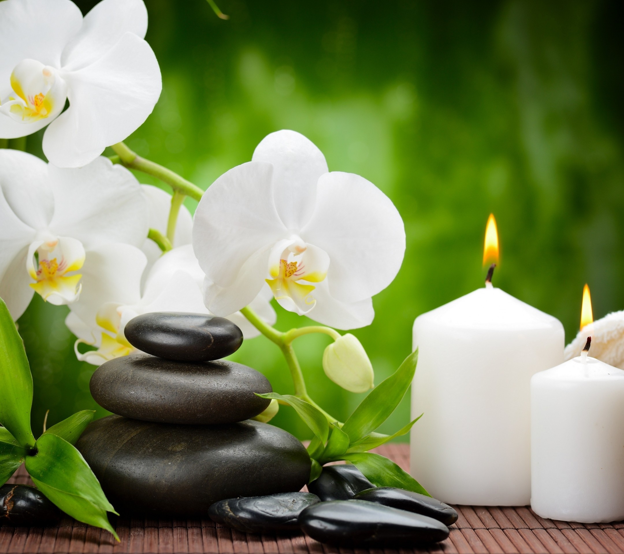 Orchidee bianche, Candele, Pietre impilate, Spa, sfondo per iPad e tablet