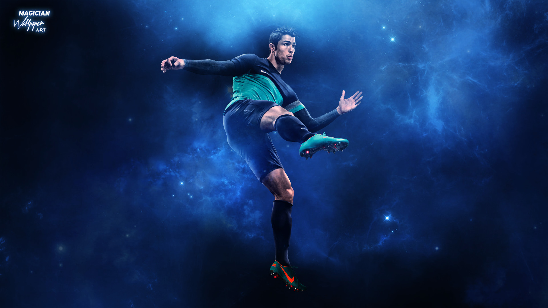 Cristiano Ronaldo, Portogallo, Calcio al volo, Spazio blu, Full HD, sfondo per PC