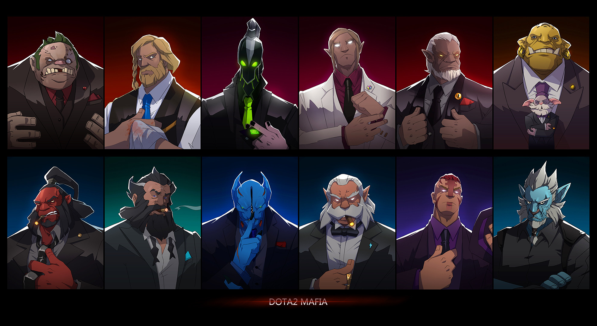 Dota 2, Mafia, Eroi in giacca, Ritratti, Collage, Full HD, sfondo per PC e portatile