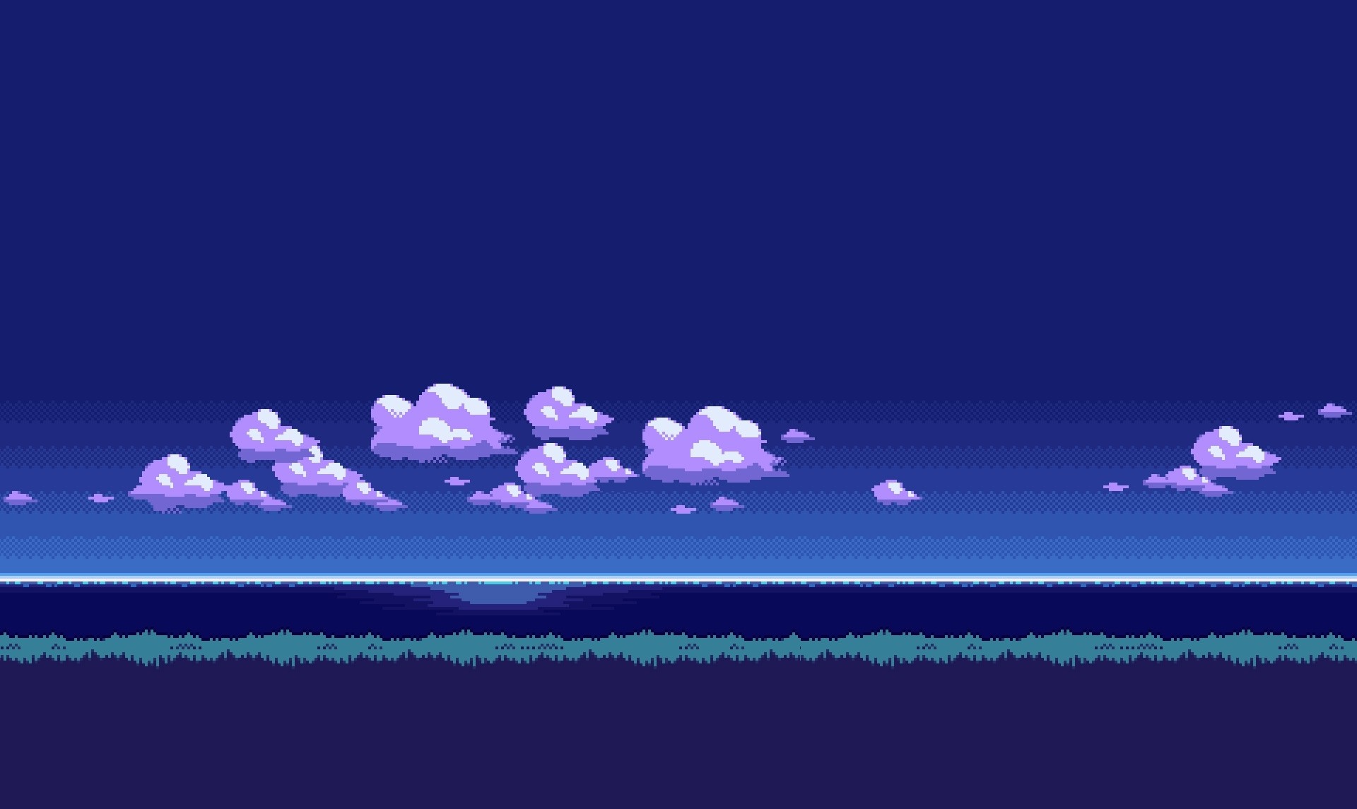 Pixel art, Nuvole, Mare, Notte, Blu, Full HD, sfondo per PC e portatile