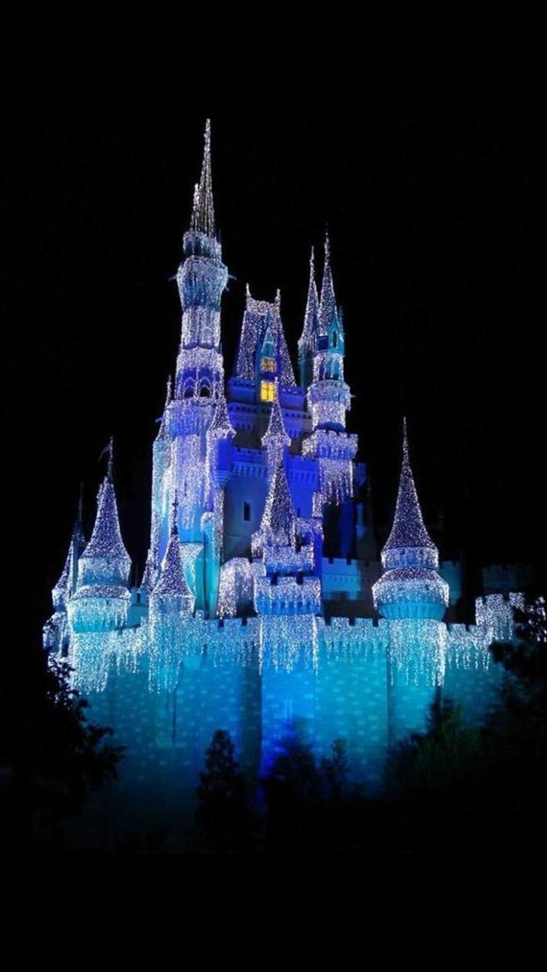 Castello di Cenerentola, Magic Kingdom, Disney, Luci blu, Notte, sfondo iPhone