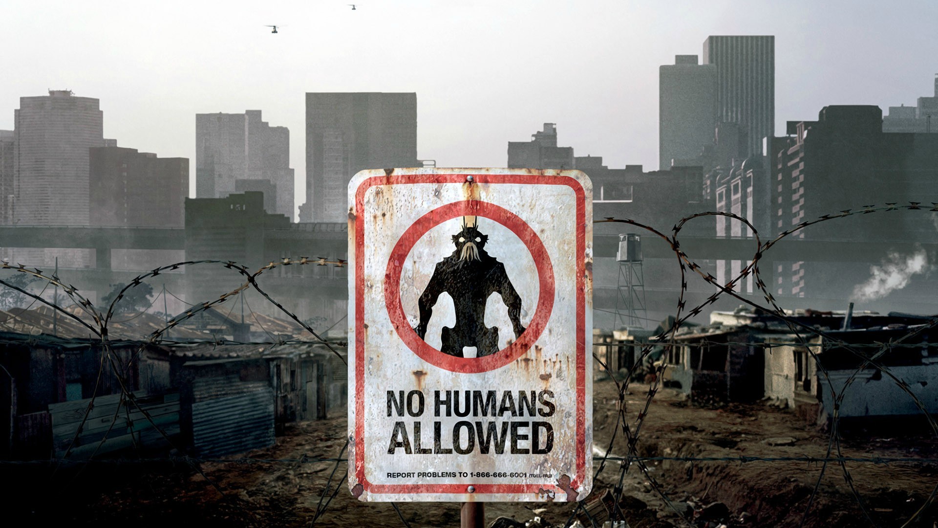 District 9, No Humans Allowed, Cartello, Baraccopoli, Città, 16:9 Full HD, wallpaper widescreen