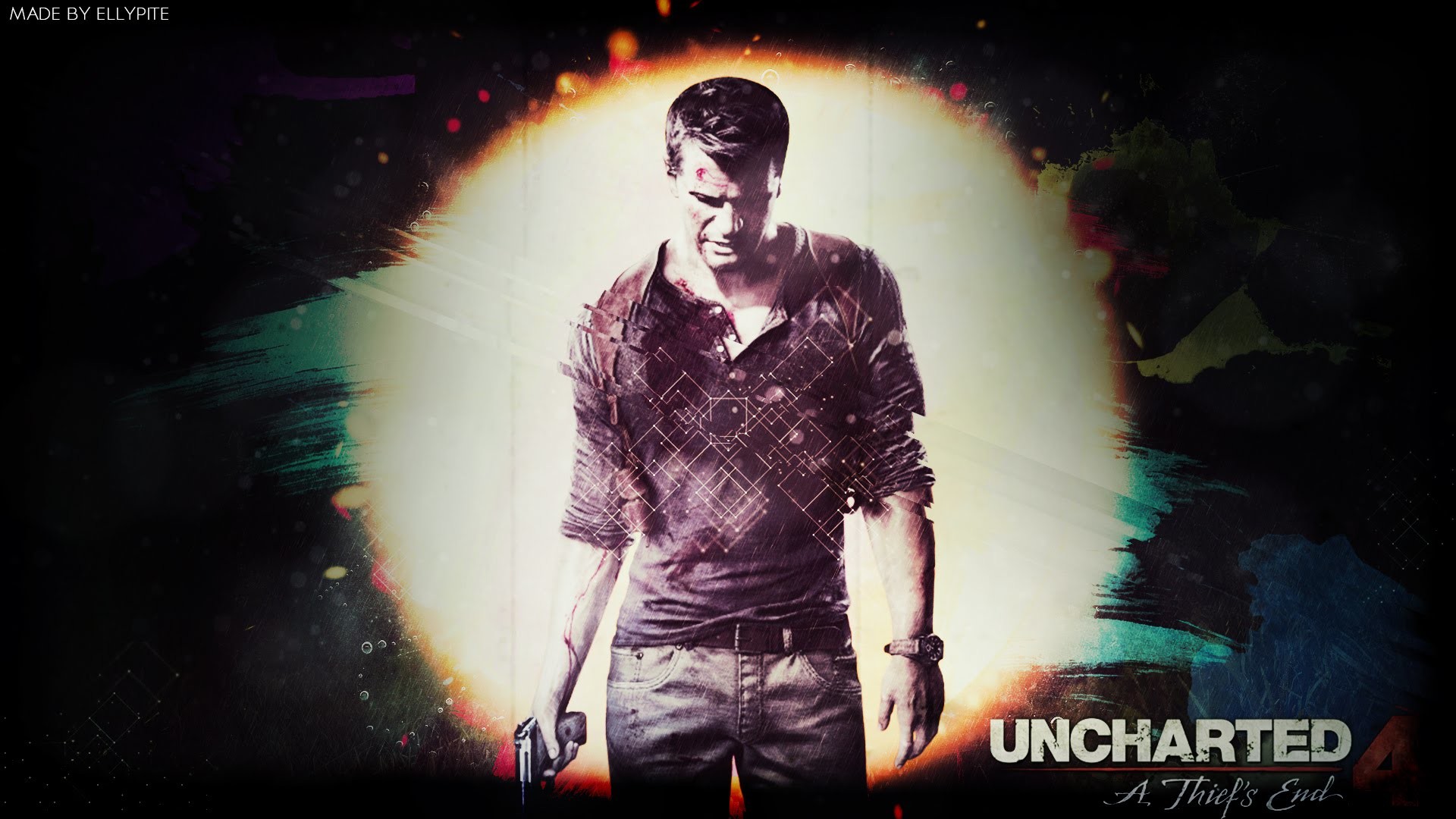 Nathan Drake, Uncharted 4: Fine di un ladro, Logo, Pistola, Sfondo nero, wallpaper per portatile