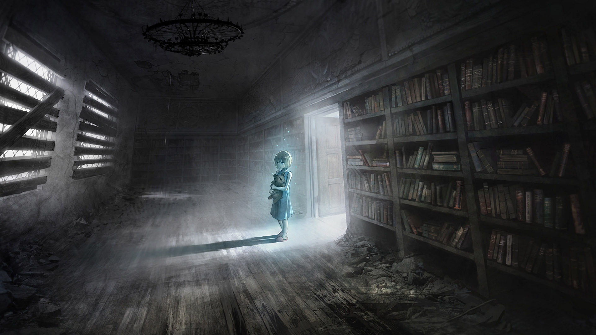 Biblioteca abbandonata, Bambina, Luce, Scuro, Full HD, sfondo desktop