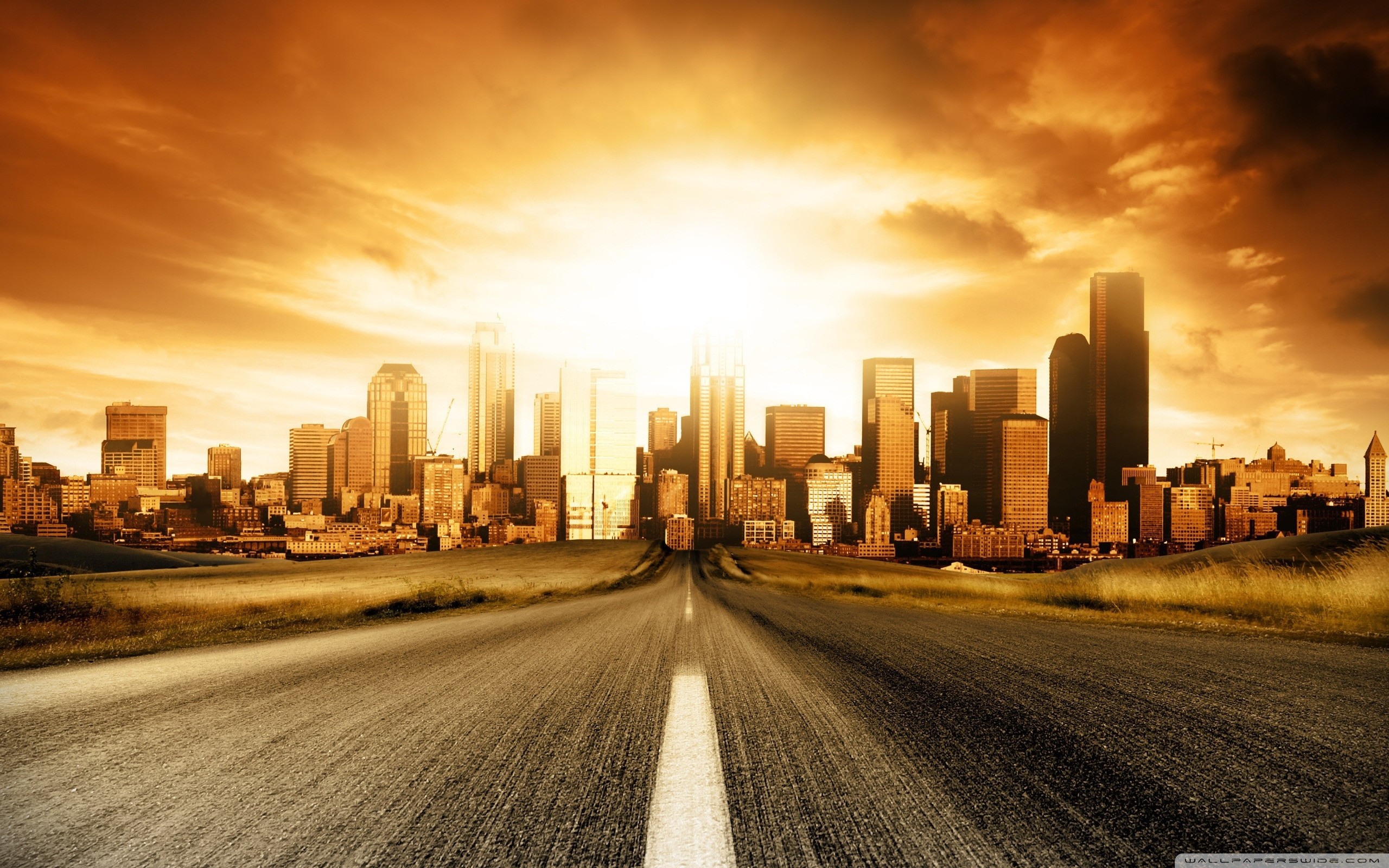 Skyline, Strada, Tramonto, Grattacieli, Cielo dorato, 2560x1600, sfondo per PC