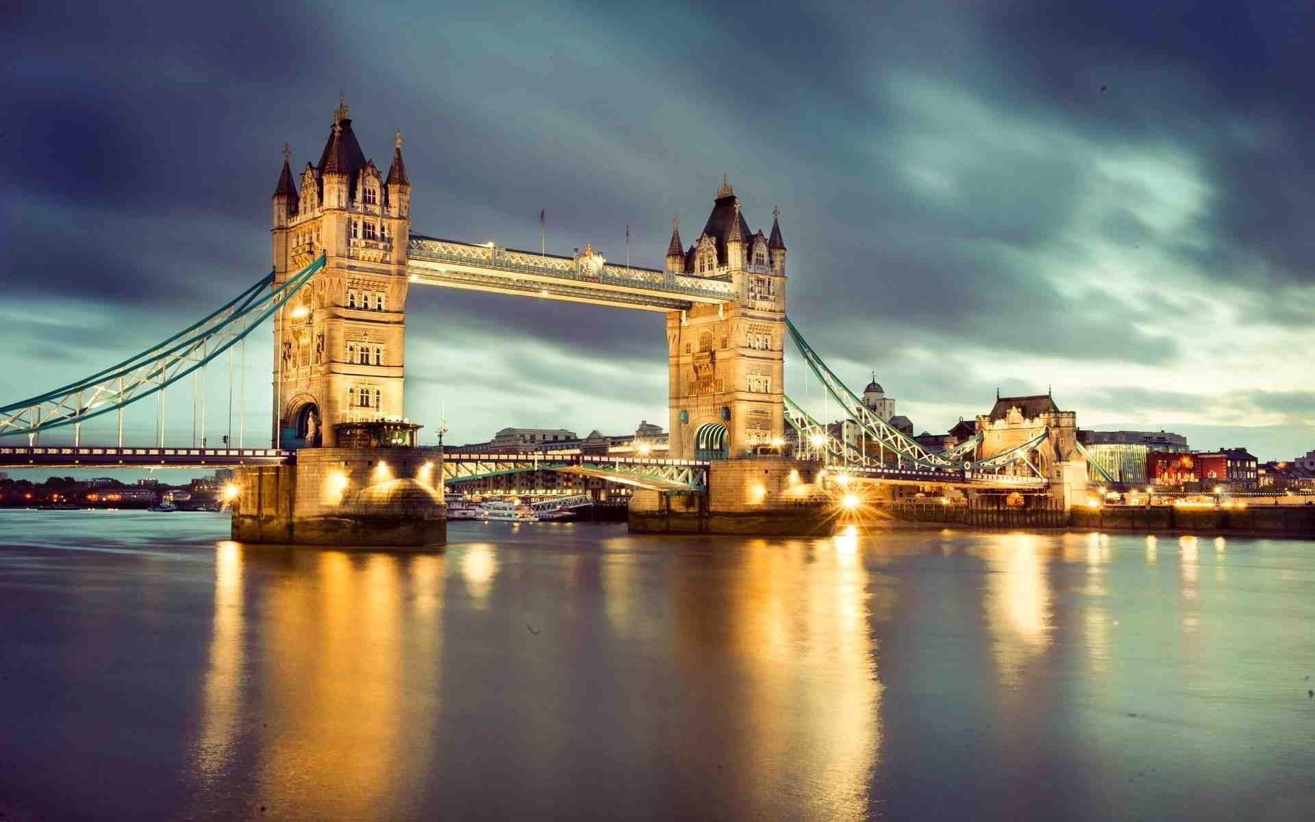 Tower Bridge, Tamigi, Londra, Crepuscolo, Riflessi, Full HD, sfondo per portatile