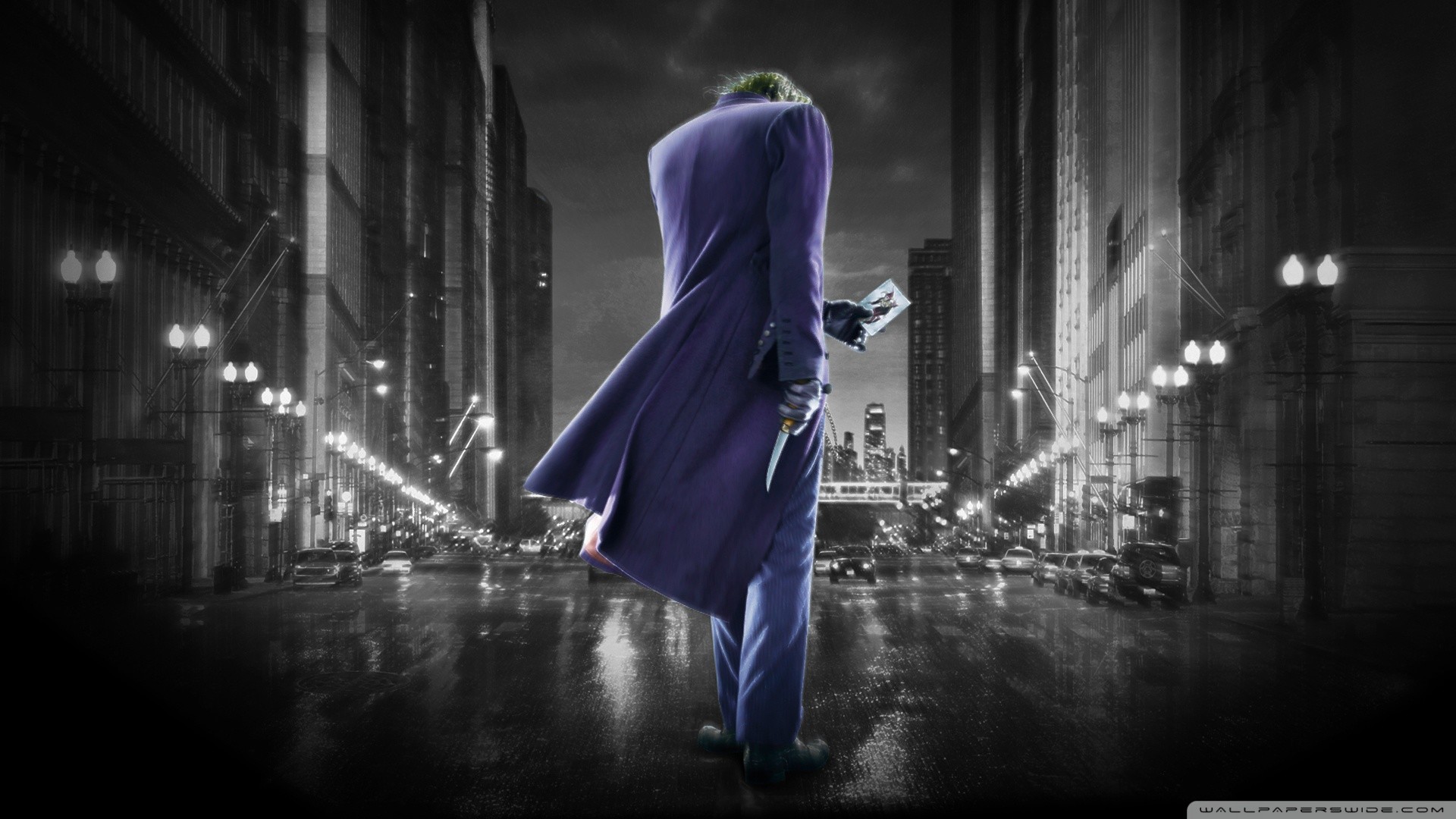 Joker, Heath Ledger, Il cavaliere oscuro, Gotham City, Strada, Bianco e nero, sfondo 1080p