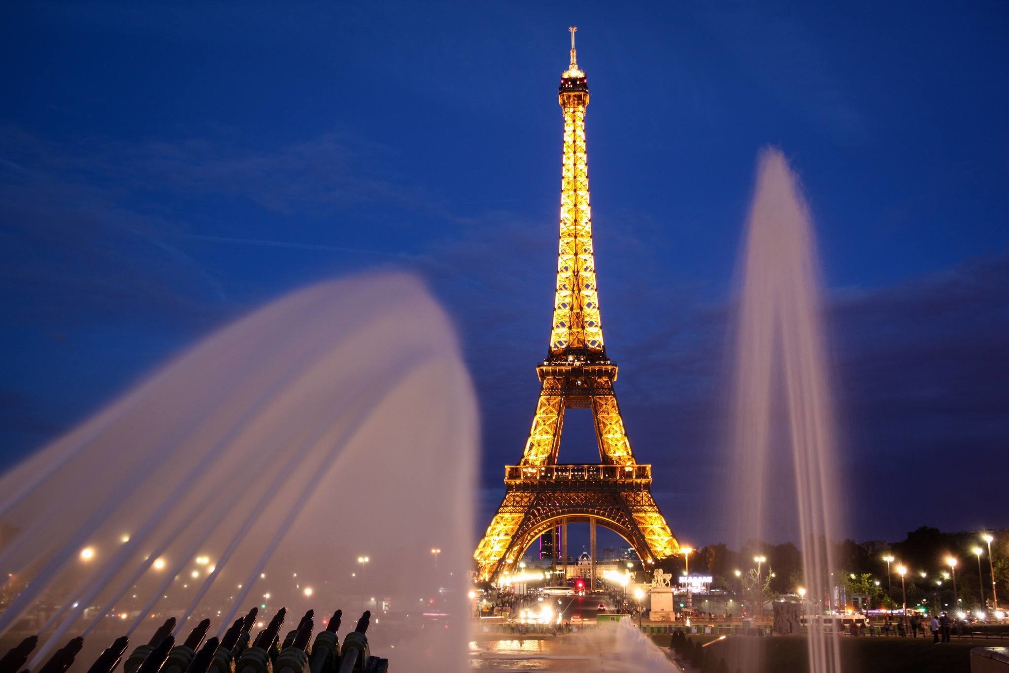 Torre Eiffel, Parigi, Fontane, Notte, Full HD, wallpaper desktop
