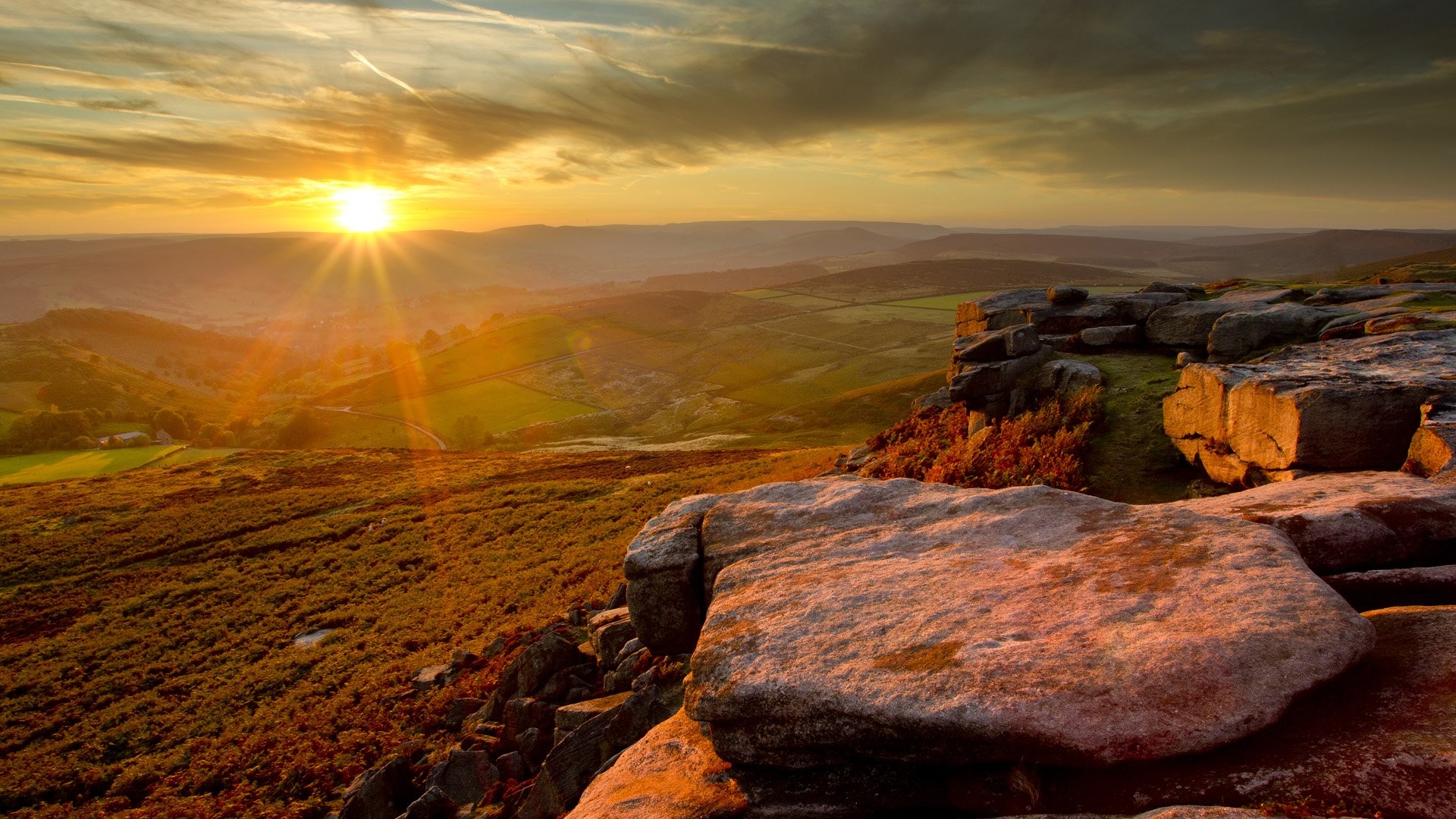 Paesaggio, Rocce, Colline, Tramonto, Raggi di sole, Full HD, sfondo per PC e portatile