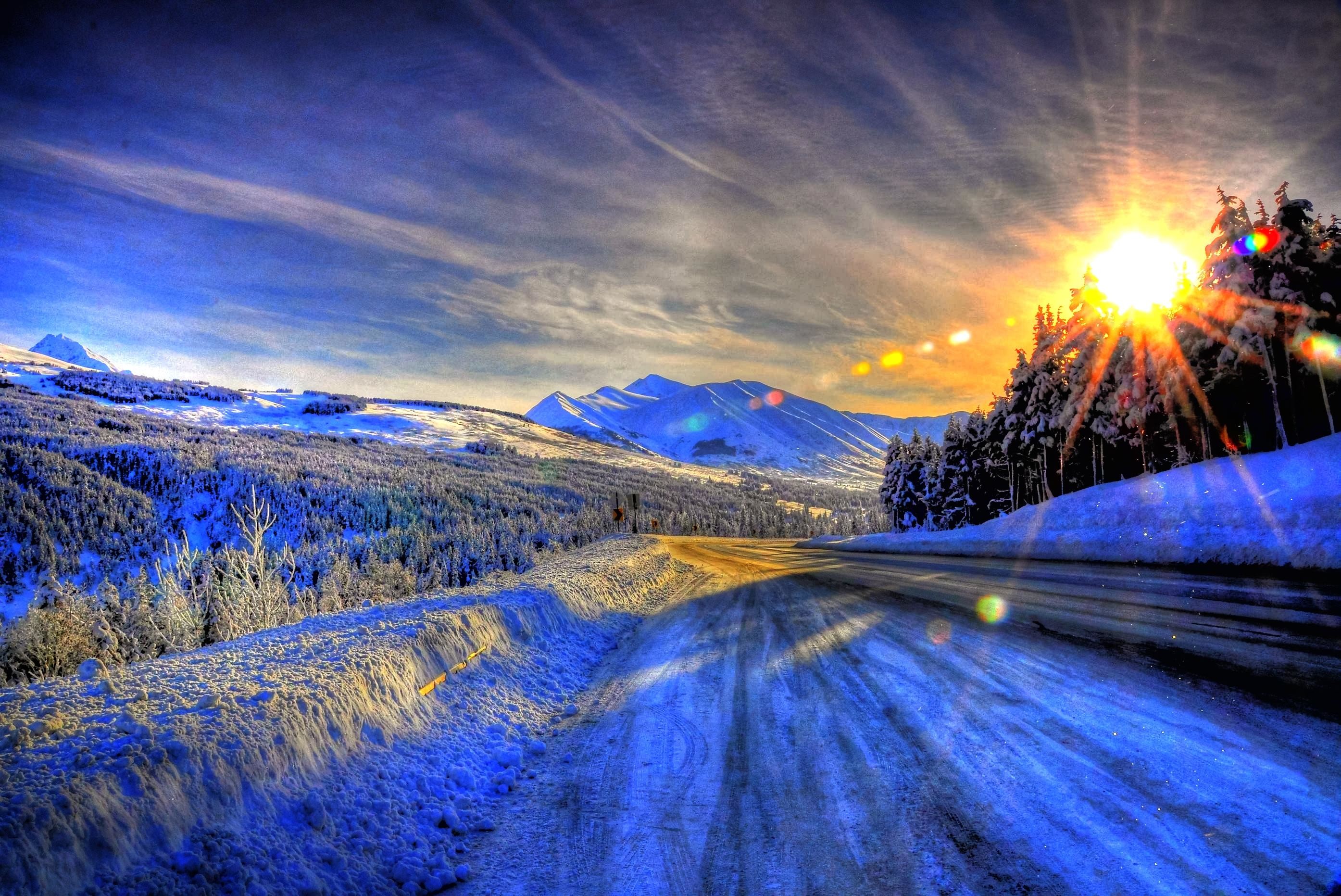 Strada, Sole, Montagne, HDR, 2K, sfondo per PC e portatile