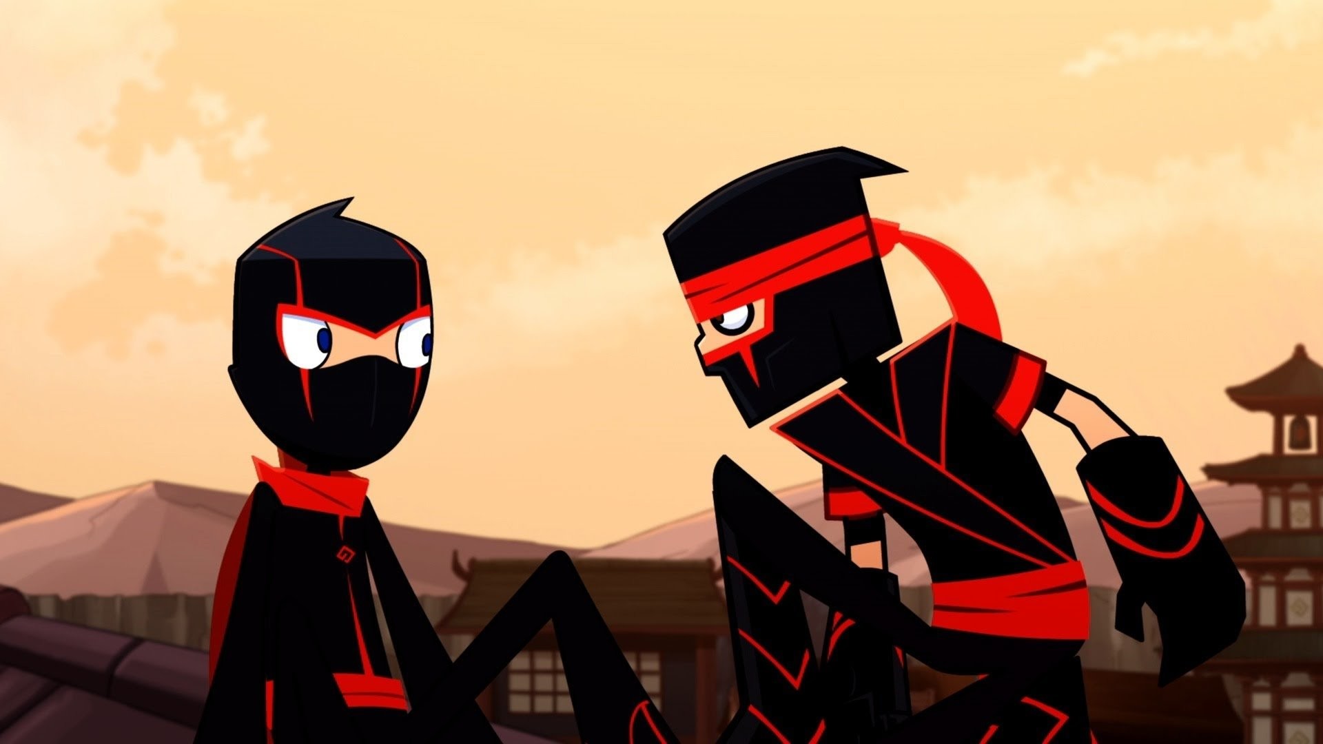 Ninja, Cartone animato, Pagoda, Rosso e nero, Full HD, sfondo per PC e portatile