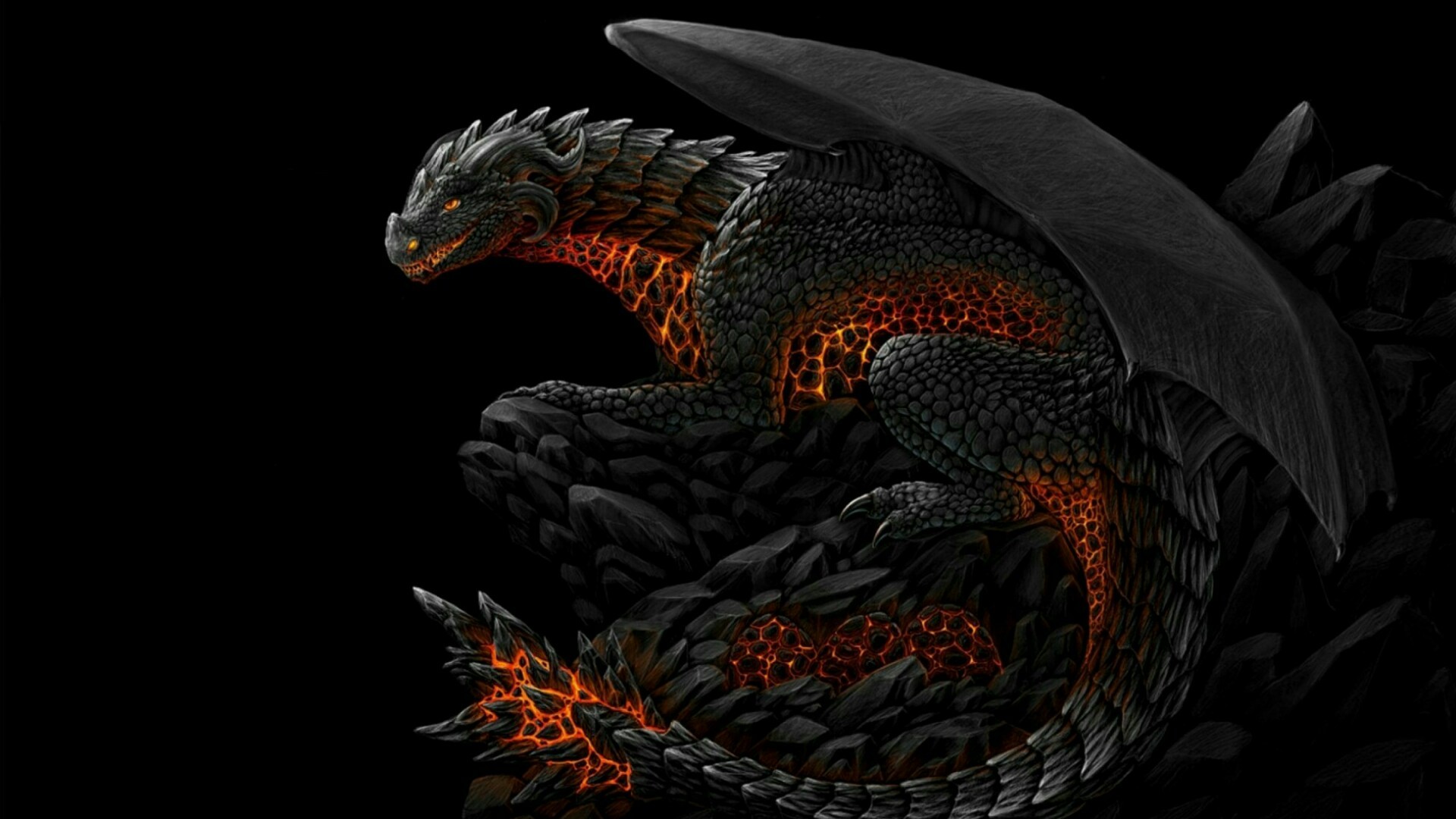 Drago nero, Lava, Sfondo nero, Full HD, wallpaper per computer