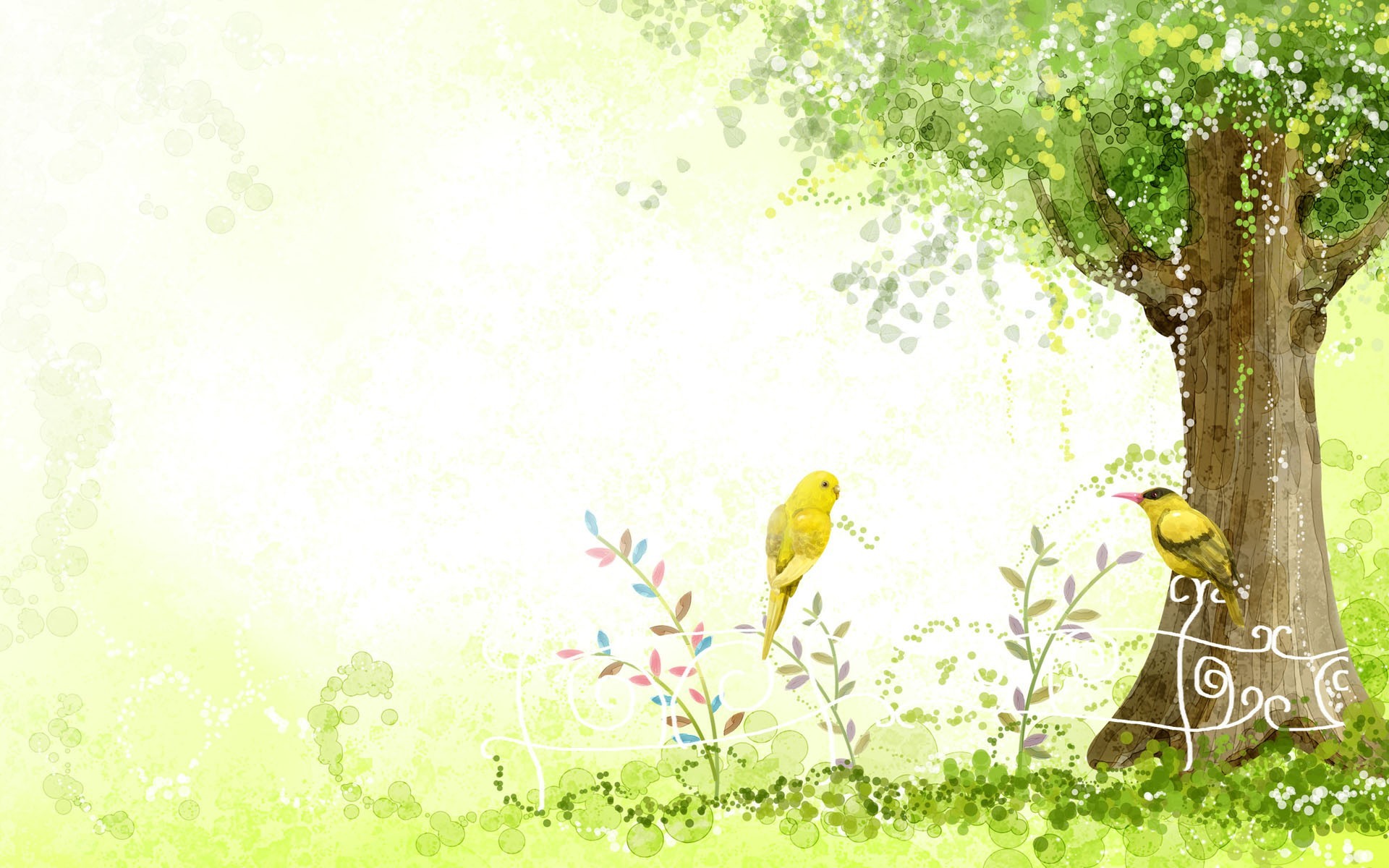 Uccellini gialli, Albero, Illustrazione, Primavera, Verde, 1920x1200, sfondo MacBook Pro