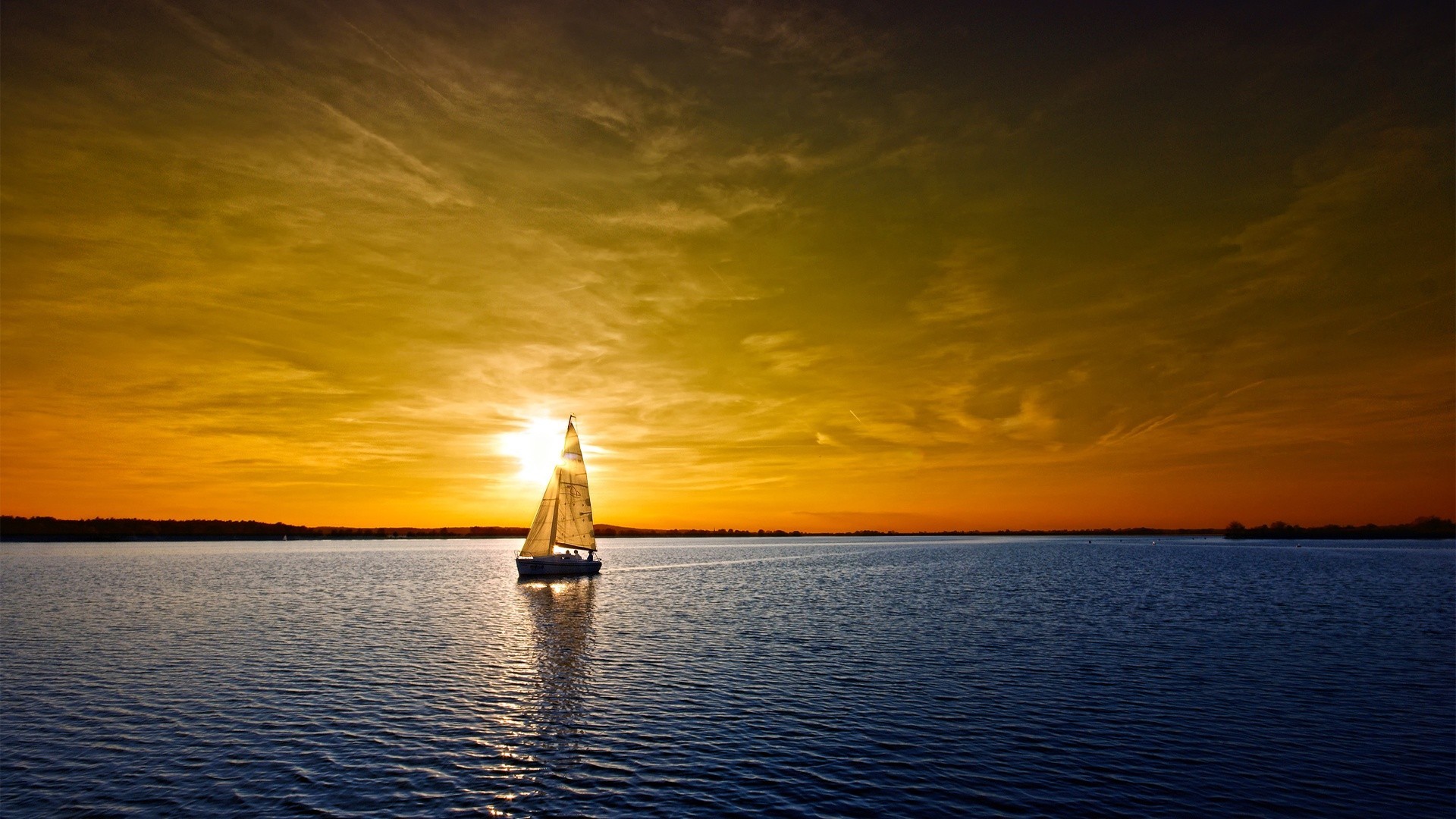 Barca a vela, Tramonto, Mare, Cielo dorato, 16:9 Full HD, sfondo widescreen