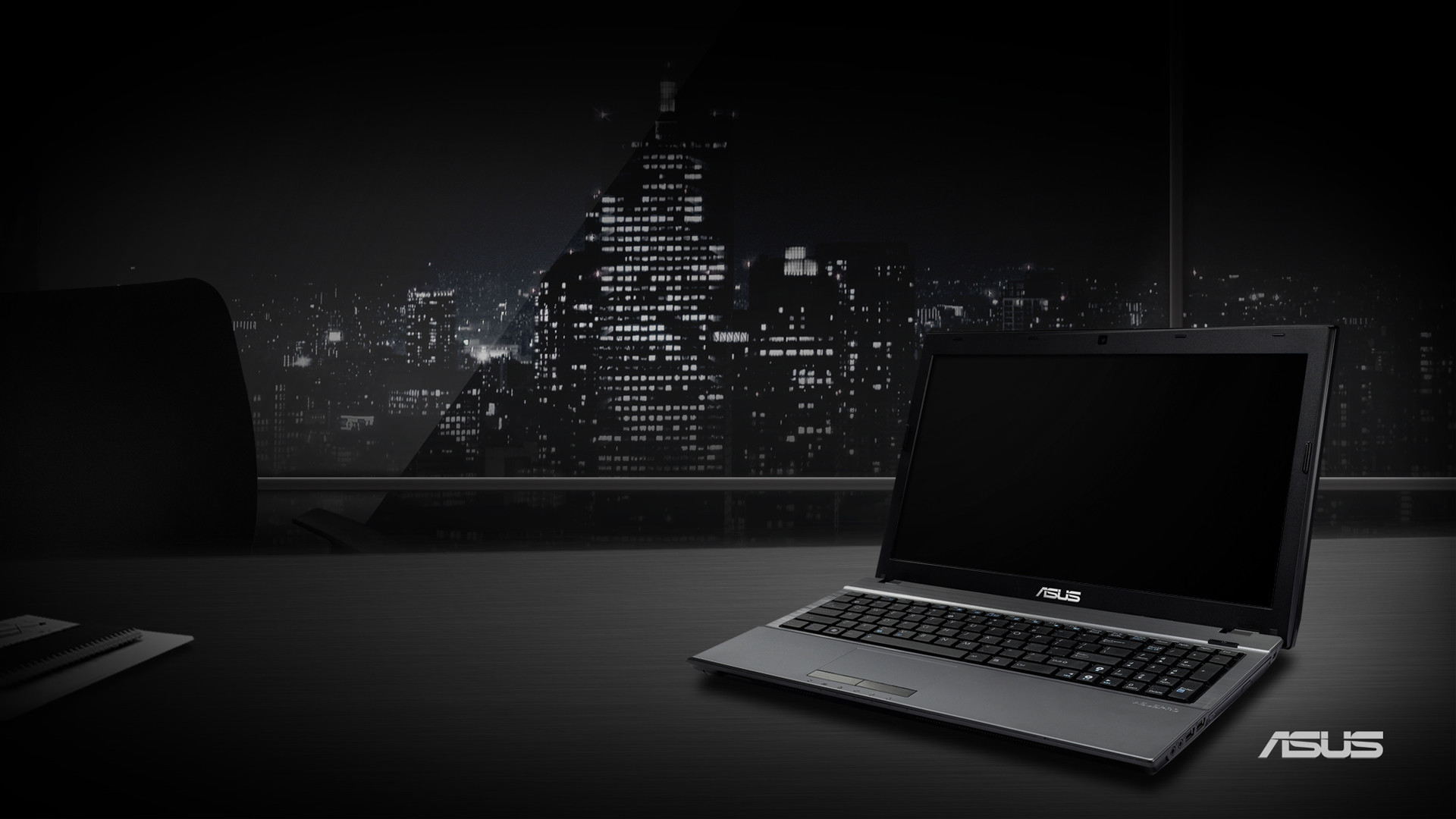 Asus, Computer portatile, Città notturna, Bianco e nero, Full HD, sfondo desktop