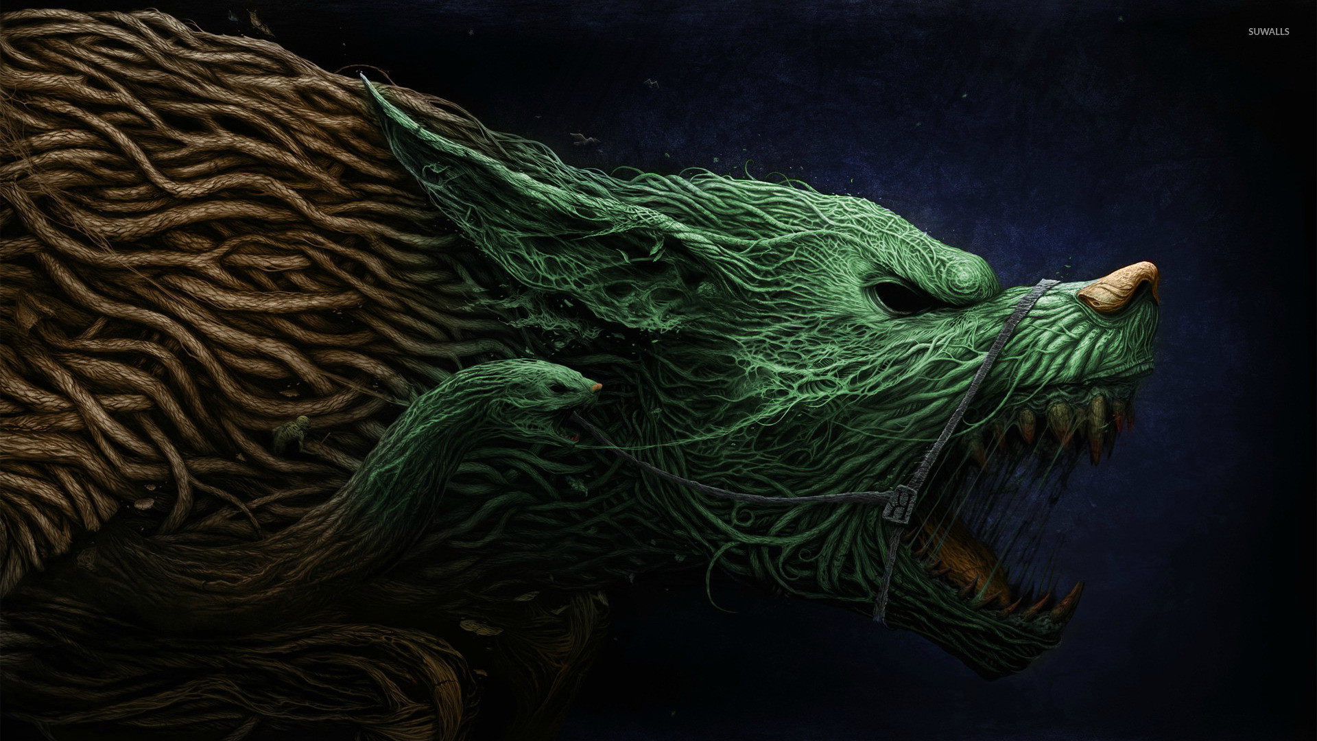 Lupo, Ringhio, Verde, Arte digitale, 1920x1080, sfondo per PC