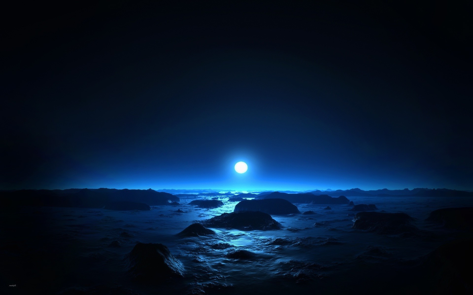 Luna, Mare, Scogli, Notte, Blu, Full HD, sfondo Windows 11