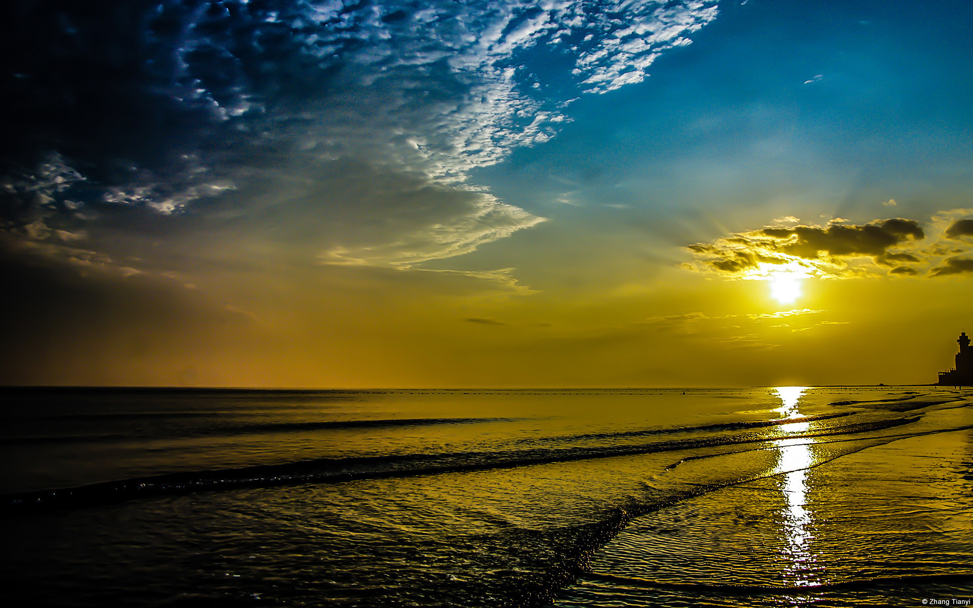 Tramonto, Mare, Cielo dorato, Riva, 1920x1200, sfondo MacBook Pro