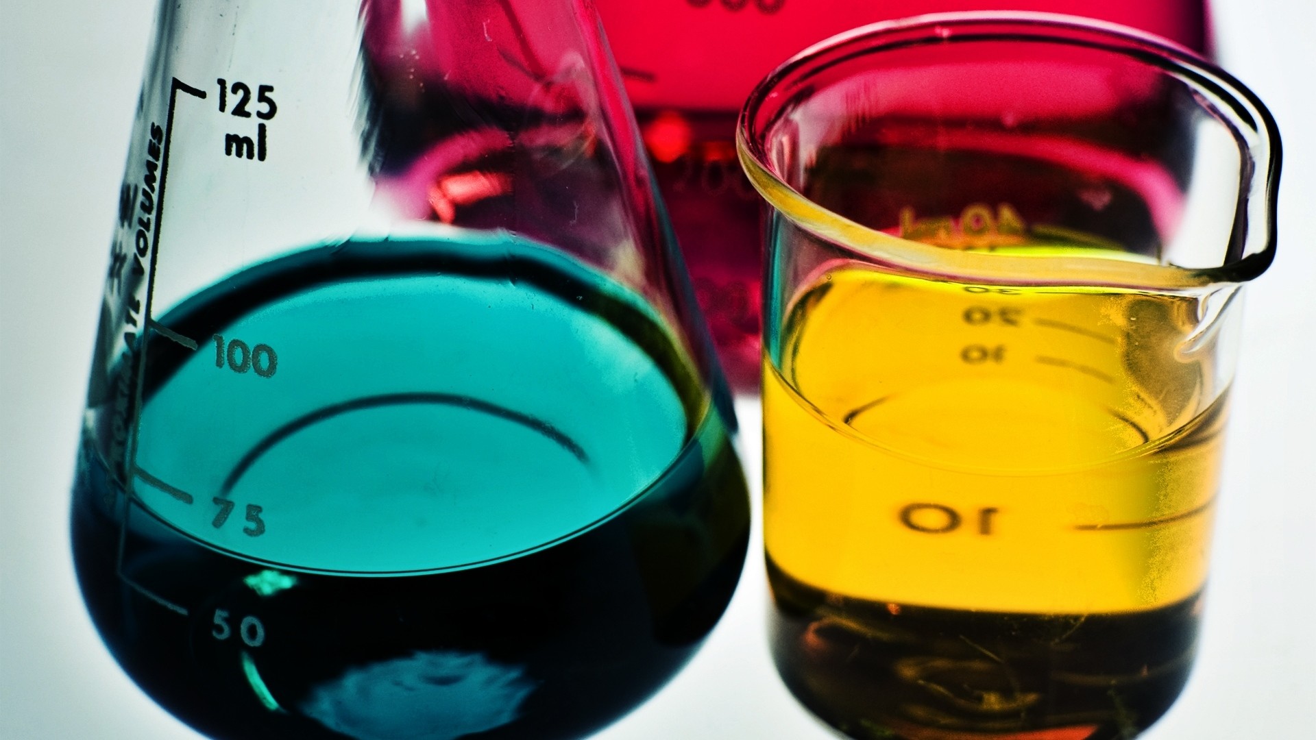 Becher, Liquidi colorati, Laboratorio, Vetreria, Full HD 1080p, sfondo desktop