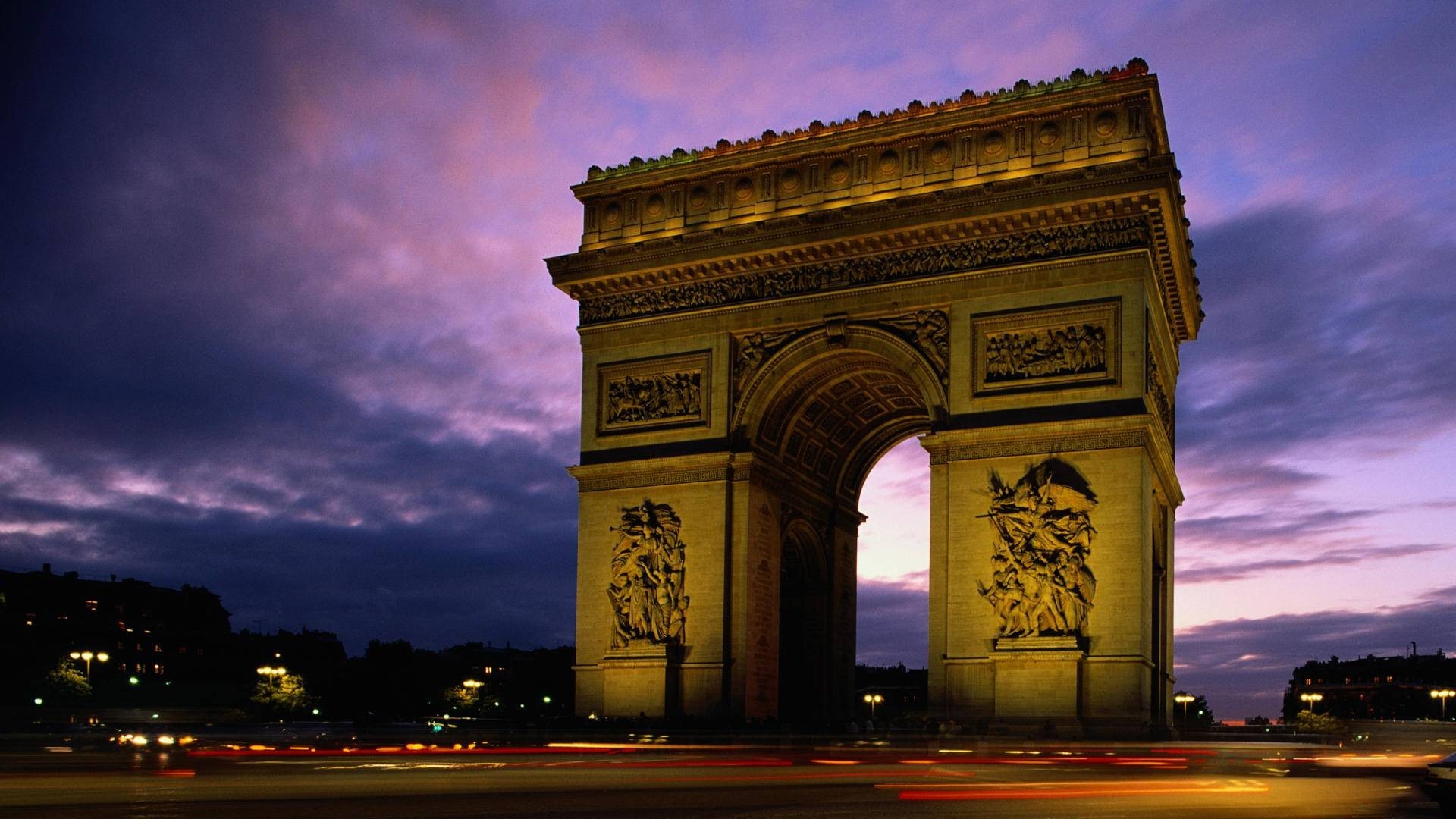 Arco di Trionfo, Parigi, Crepuscolo, Cielo viola, Full HD, sfondo Windows 11