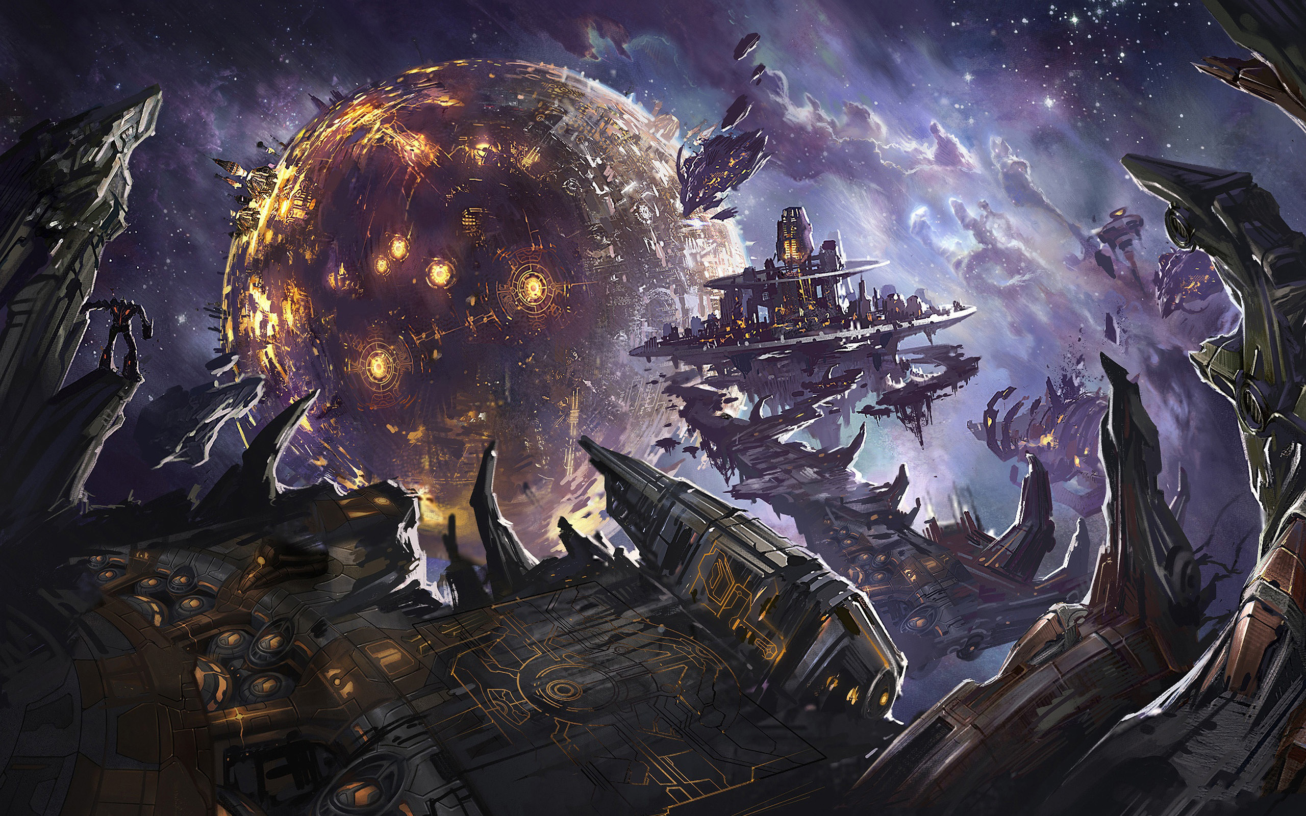Pianeta, Città volante, Spazio, Arte fantasy, Viola, 2560x1600, wallpaper desktop