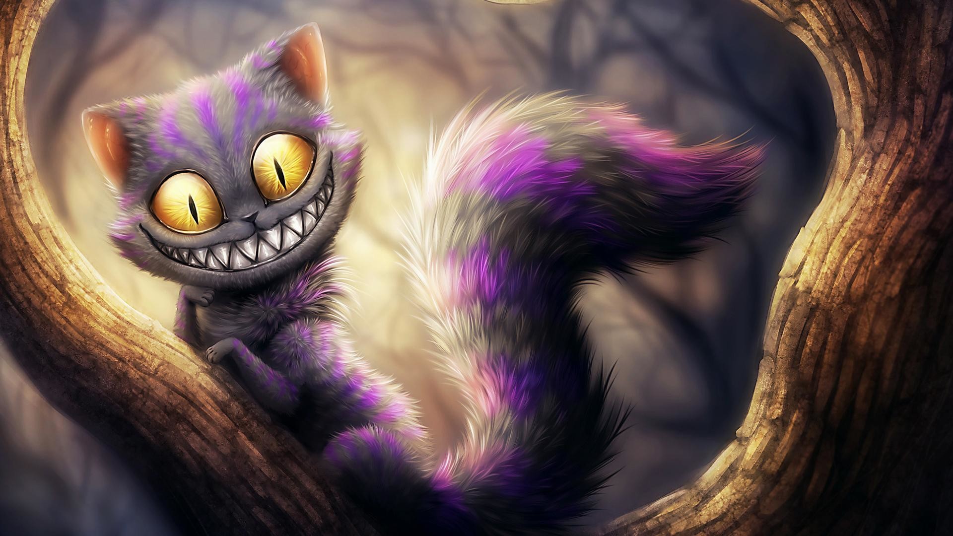 Stregatto, Sorriso, Albero, Viola, Illustrazione, Full HD, sfondo per portatile
