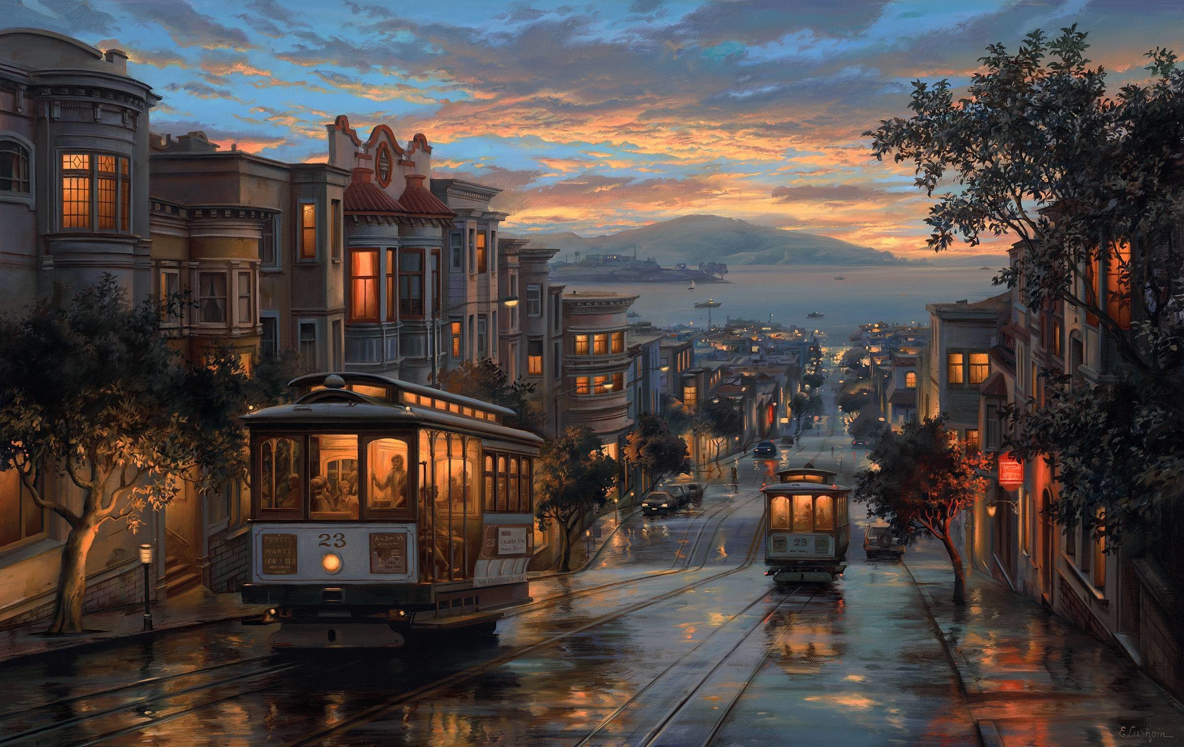Cable car, San Francisco, Case vittoriane, Pittura digitale, Full HD, sfondo per portatile