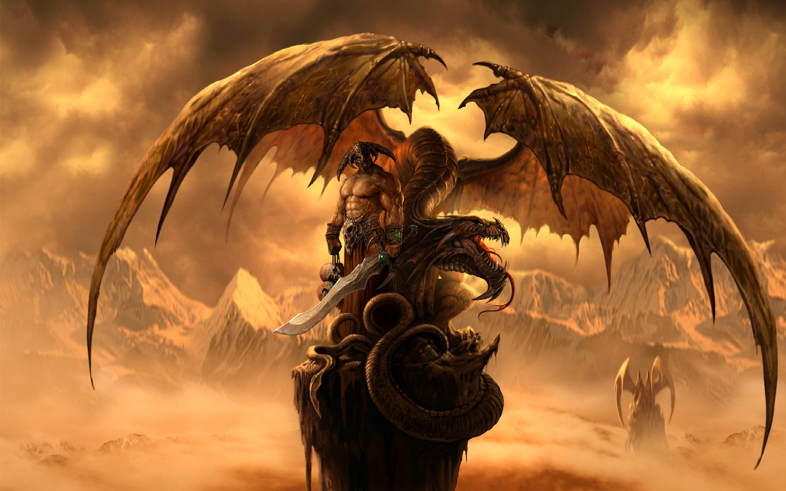 Drago, Guerriero, Ali, Seppia, 2560x1600, sfondo per PC