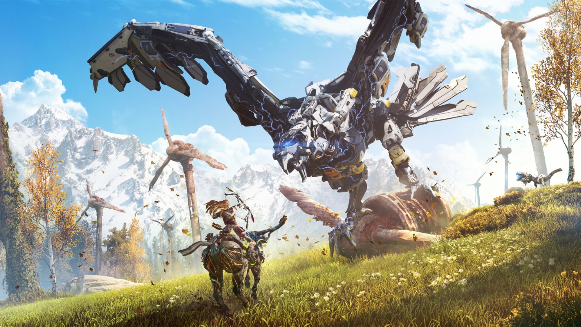 Aloy, Horizon Zero Dawn, Stormbird, Turbine eoliche, Full HD, wallpaper desktop