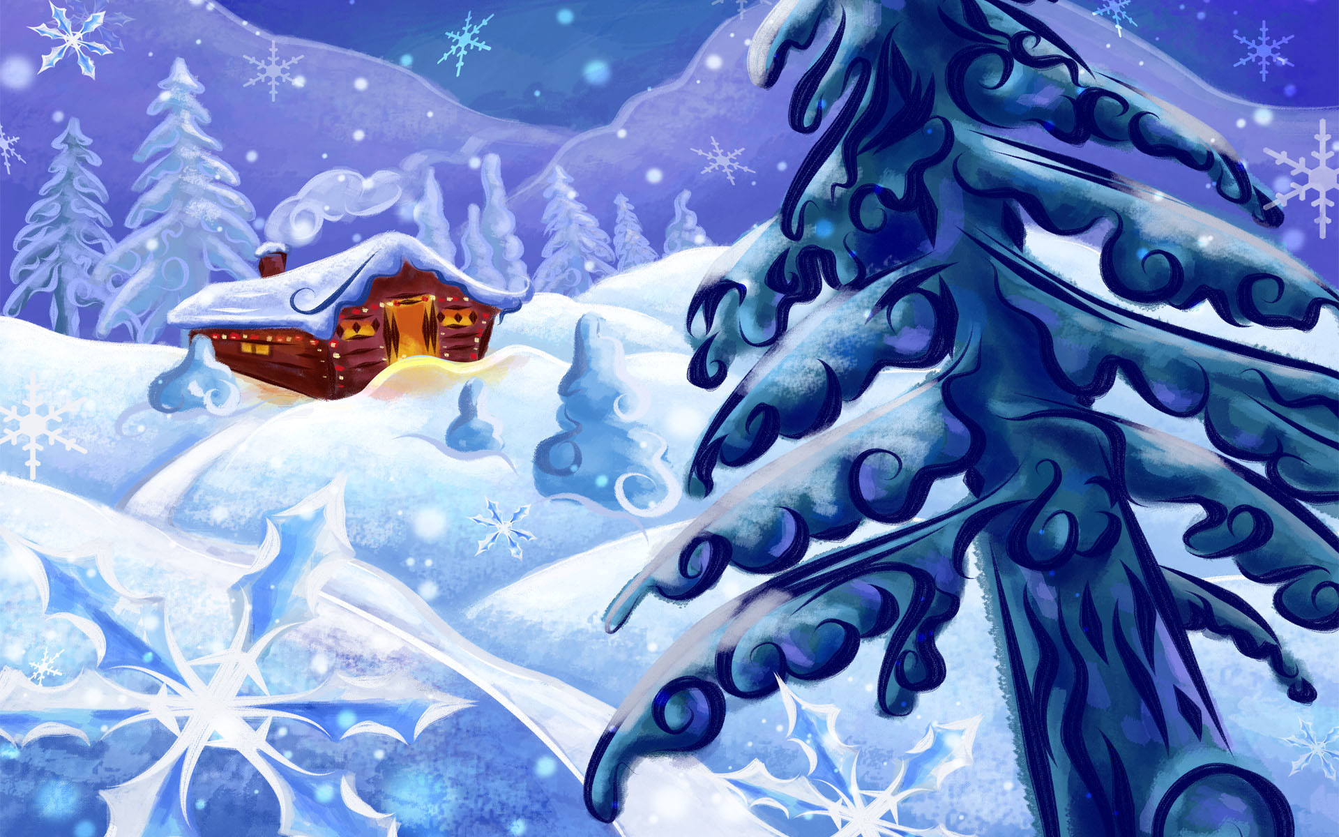 Baita, Abete, Illustrazione, Fiocchi di neve, Blu, sfondo desktop