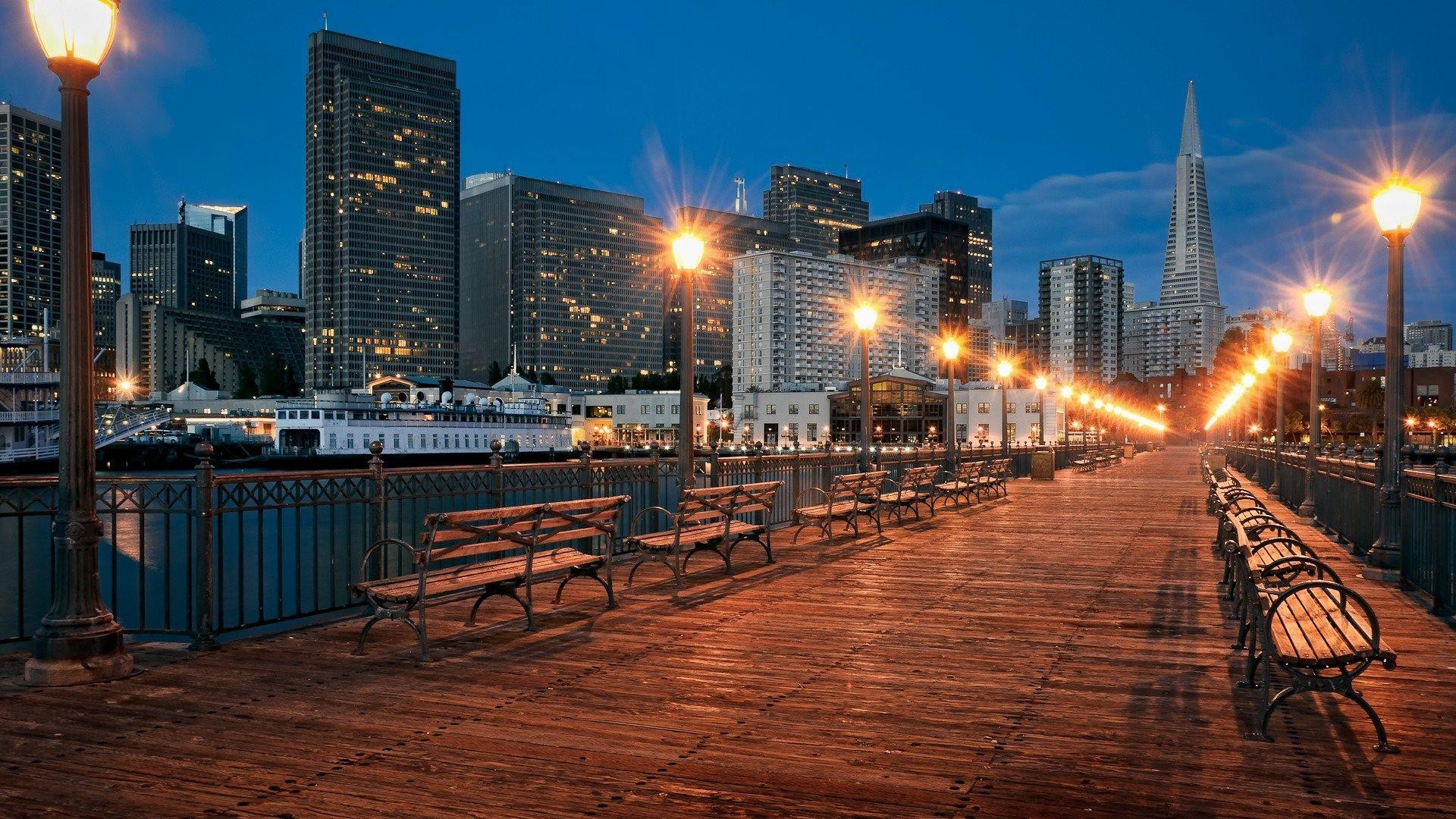 San Francisco, Embarcadero, Transamerica Pyramid, Molo, Lampioni, wallpaper 1920x1080