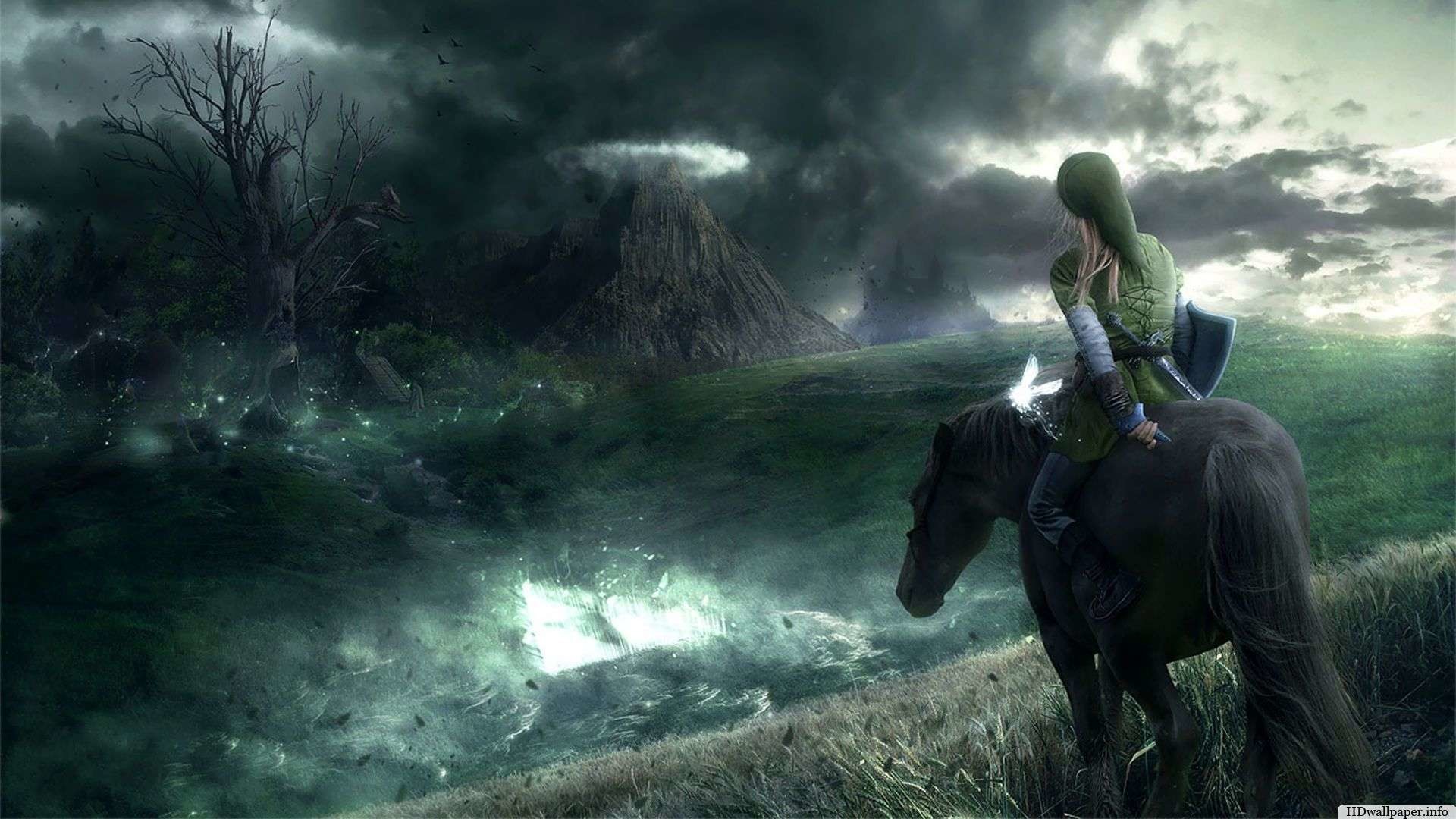 Link, Epona, The Legend of Zelda, Tempesta, Paesaggio, Full HD, sfondo Windows 11