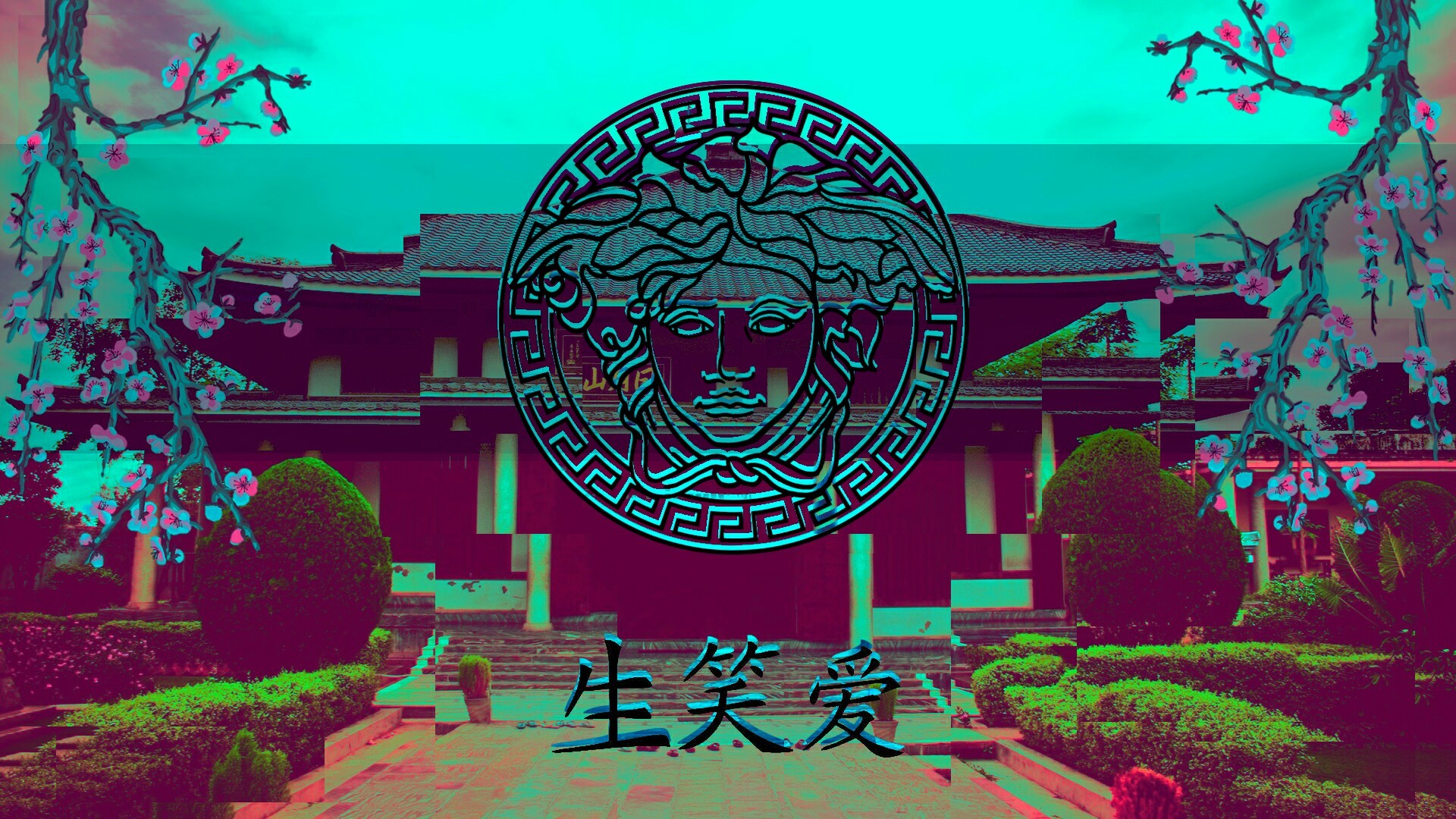 Vaporwave, Medusa Versace, Tempio giapponese, Ciliegi, Kanji, 16:9 Full HD, sfondo widescreen