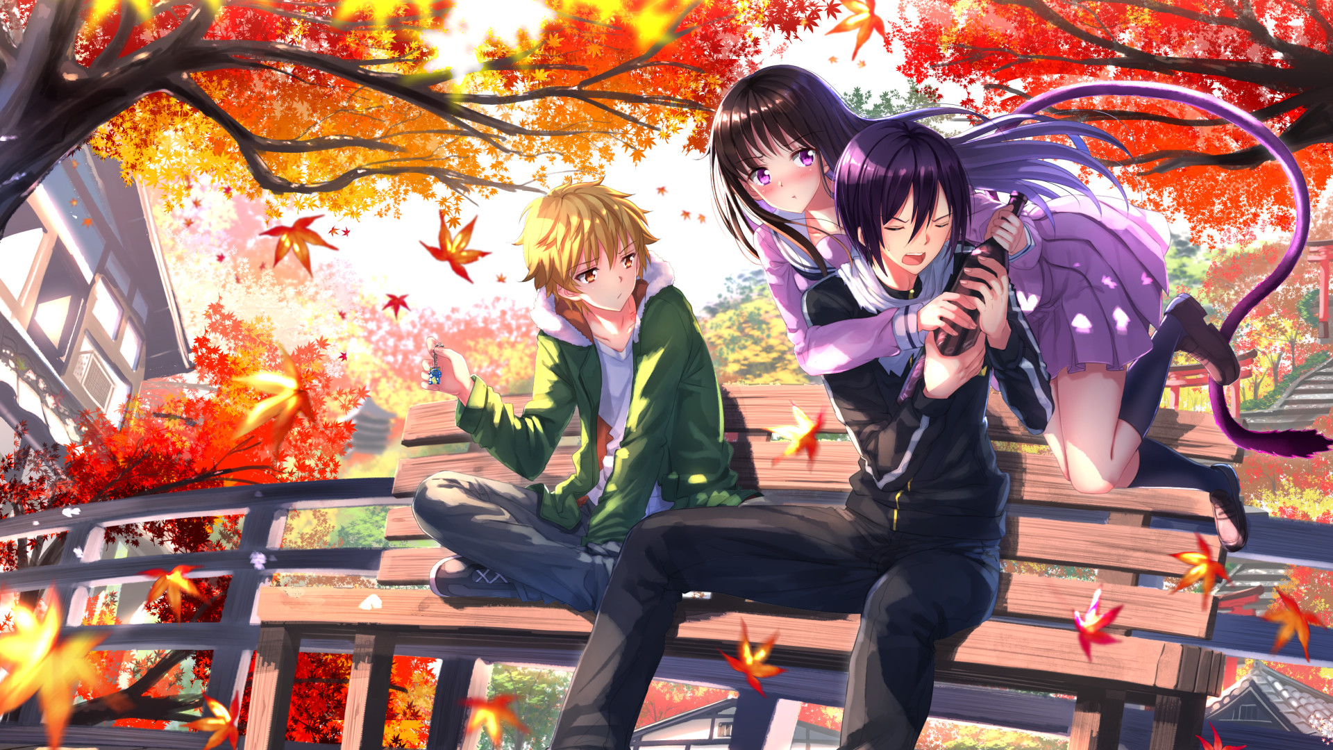 Yato, Hiyori Iki, Yukine, Noragami, Foglie d'acero, Autunno, Full HD, wallpaper per computer