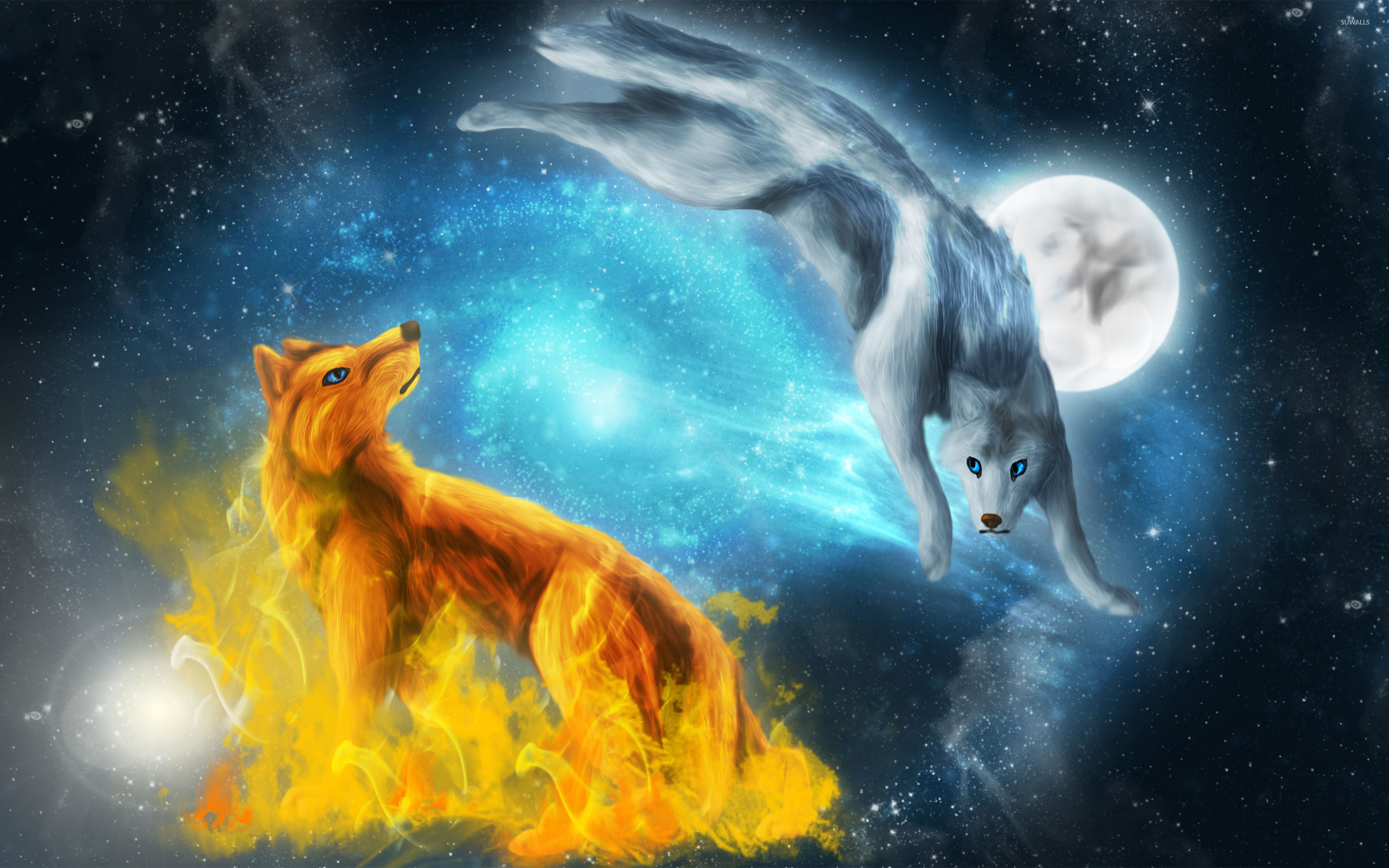 Lupo di fuoco, Lupo di ghiaccio, Fantasy, Luna, 2880x1800, sfondo MacBook Pro