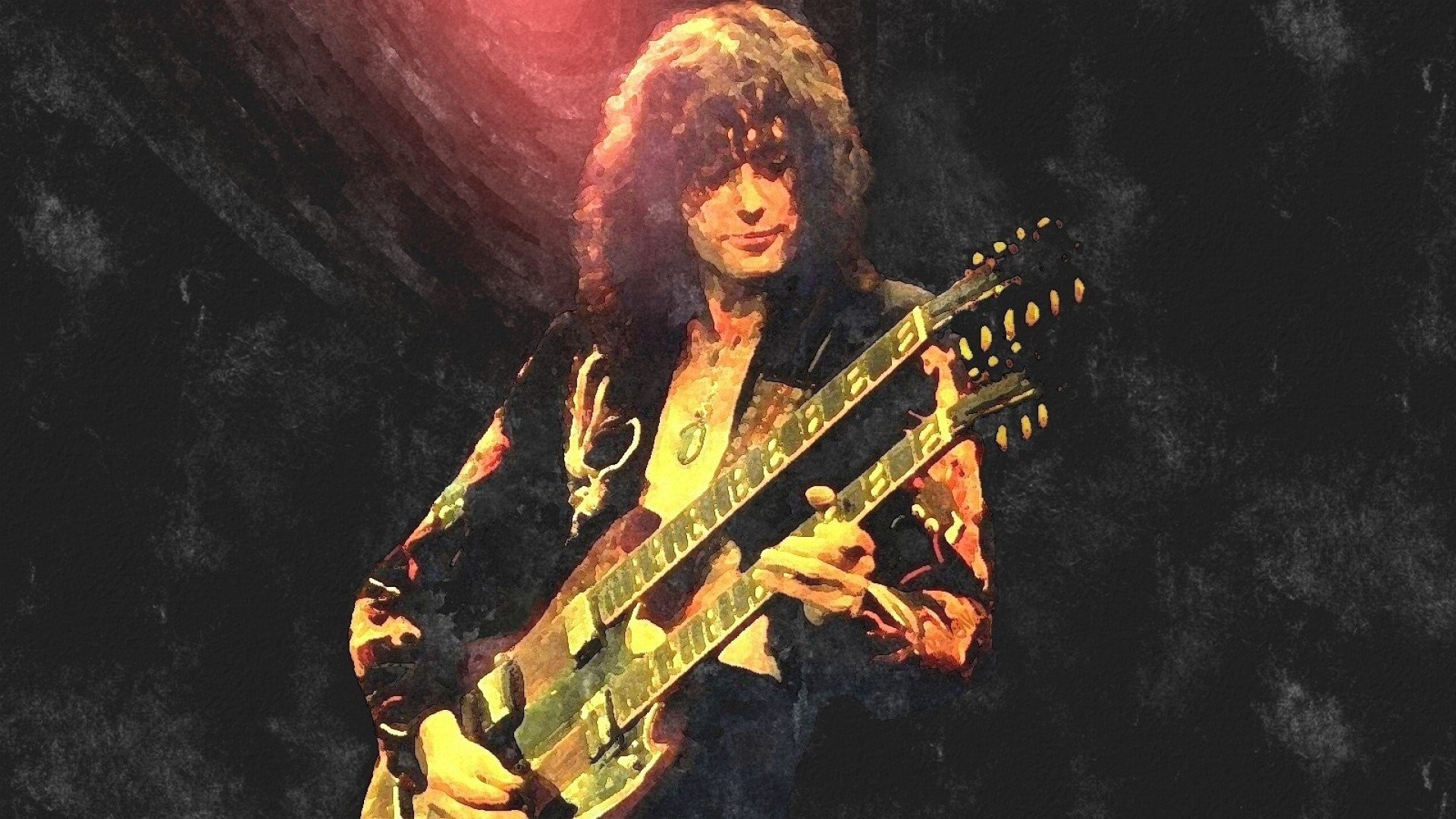 Jimmy Page, Led Zeppelin, Chitarra a doppio manico, Dipinto, 16:9 Full HD, sfondo widescreen