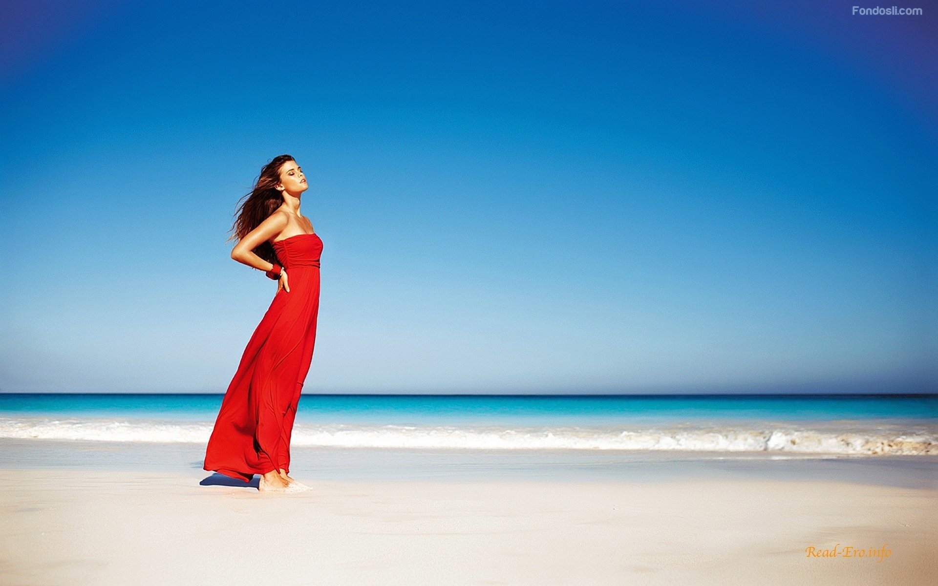 Donna in abito rosso, Spiaggia, Mare, Cielo azzurro, 1920x1200, sfondo per PC