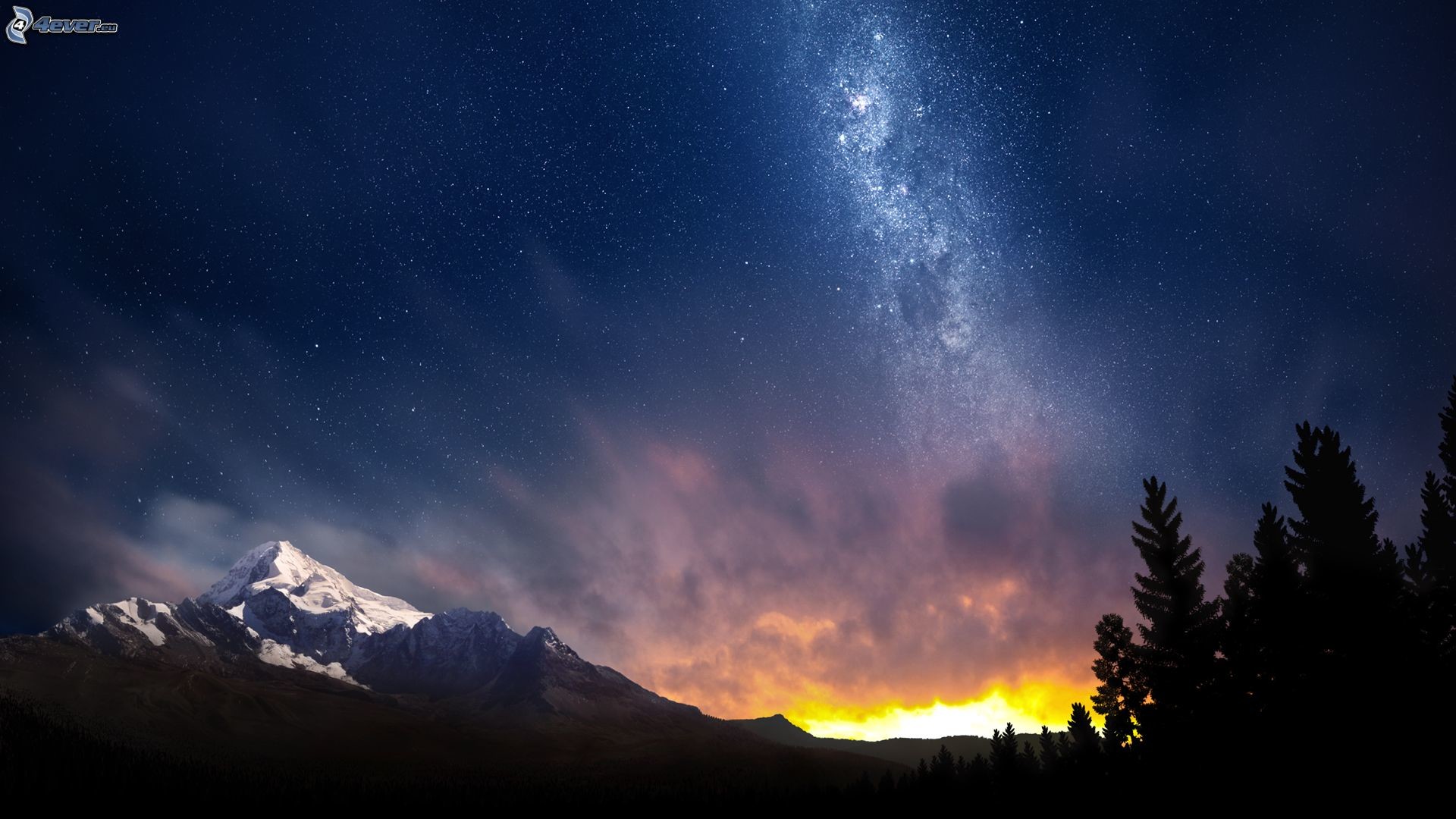 Via Lattea, Montagna innevata, Abeti, Cielo stellato, 16:9 Full HD, sfondo widescreen